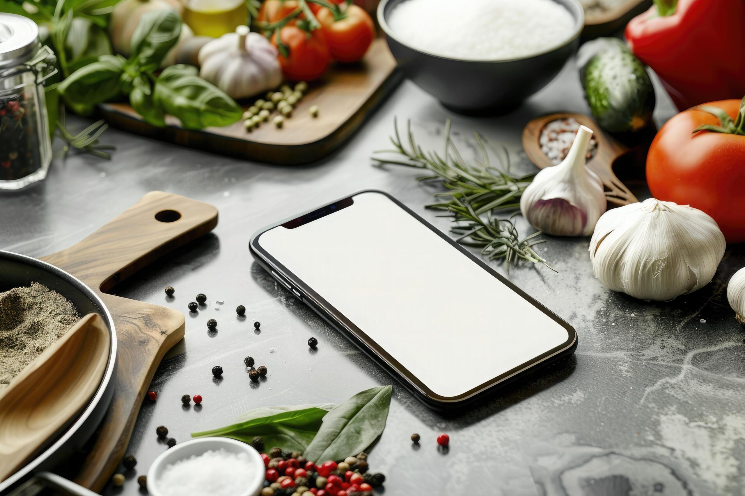 Ai-generated-smartphone-with-blank-screen-lies-amid-fresh-cooking-ingredients-on-a-kitchen-countertop-ready-for-a-recipe-app-free-photo