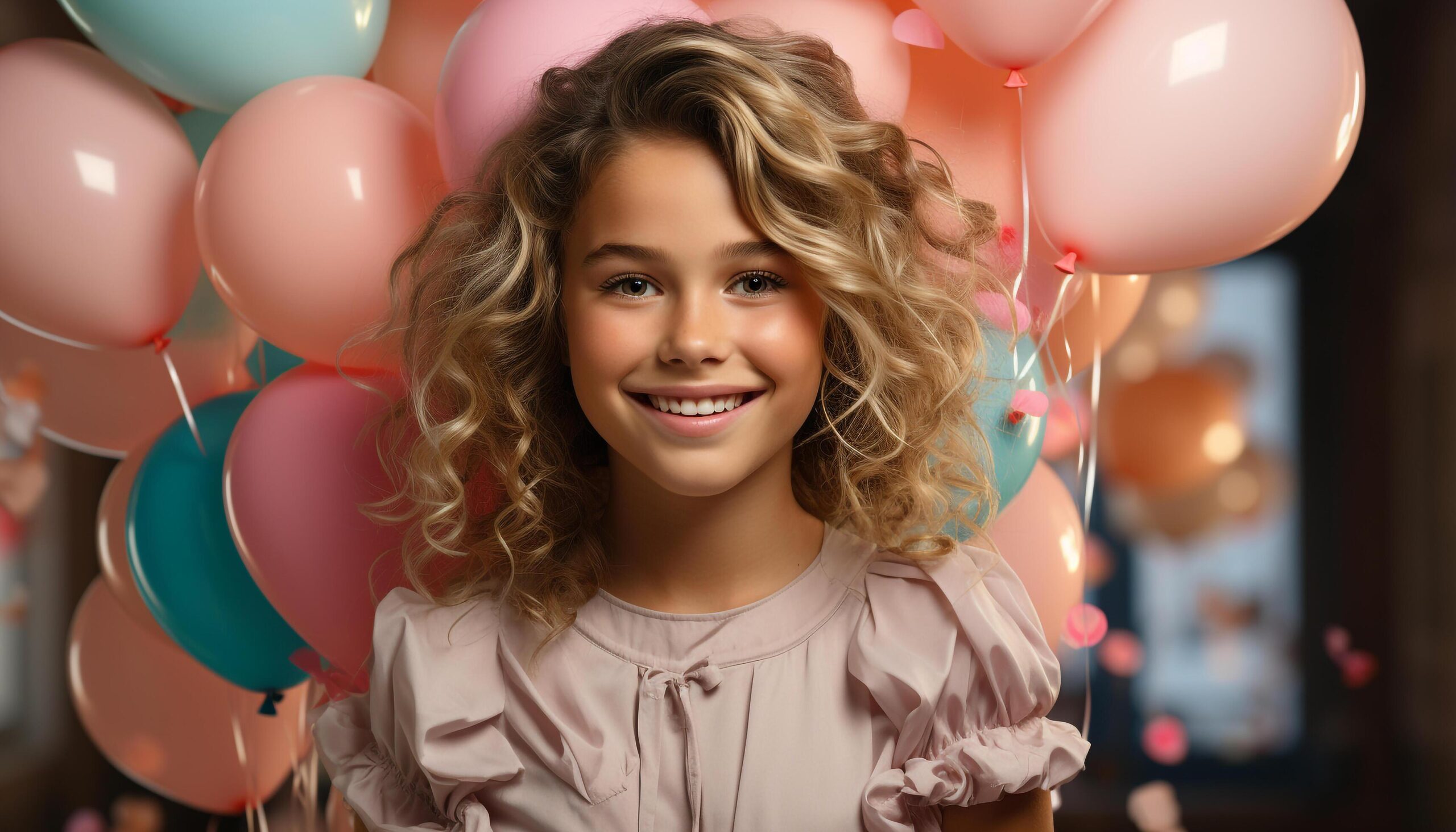 Ai-generated-smiling-caucasian-girl-holding-colorful-balloon-enjoying-birthday-party-generated-by-ai-free-photo