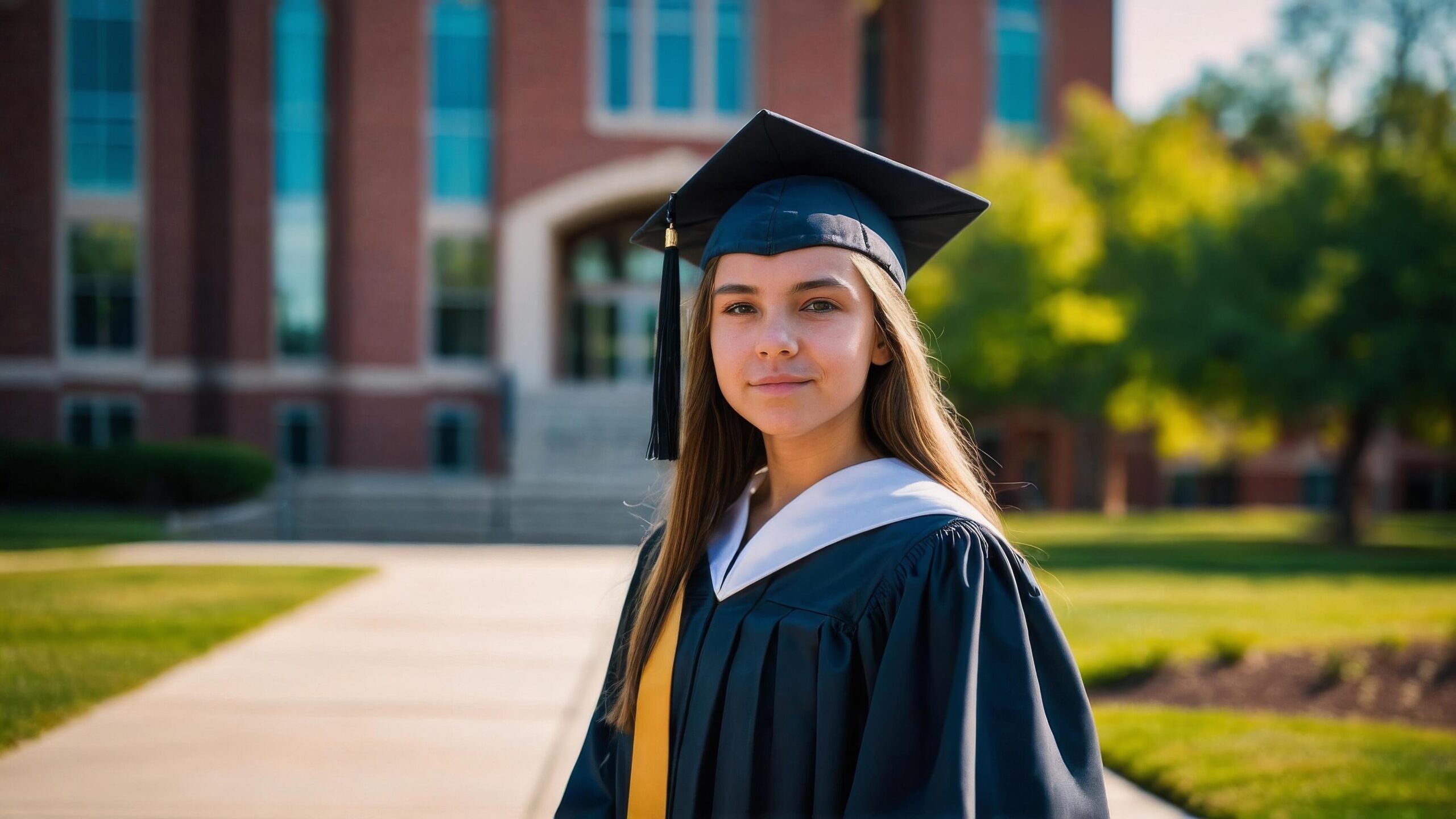 Ai-generated-smiling-female-graduate-in-cap-and-gown-on-university-campus-at-golden-hour-free-photo