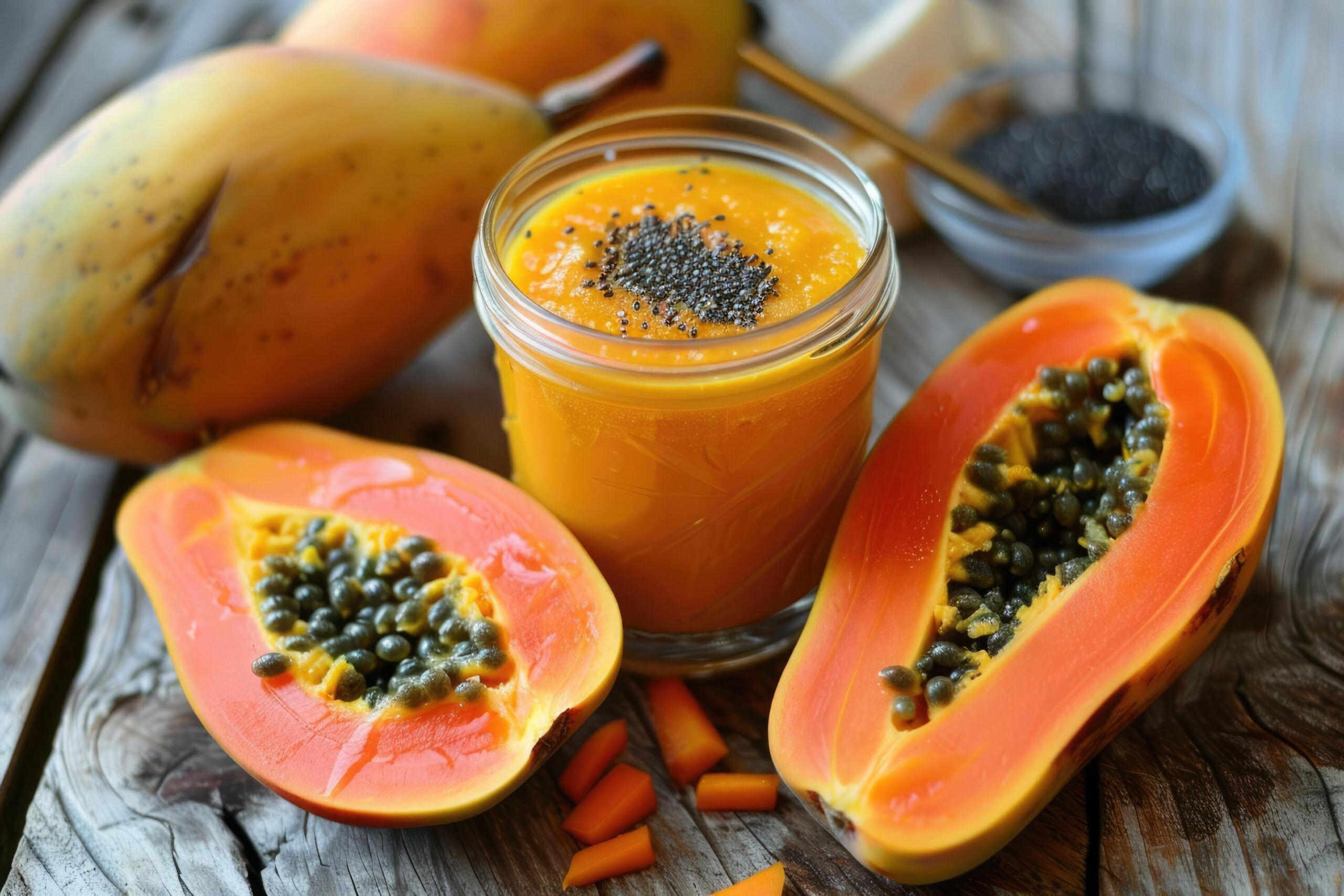 Ai-generated-smoothie-with-mango-and-papaya-tropical-cocktail-background-space-for-text-free-photo
