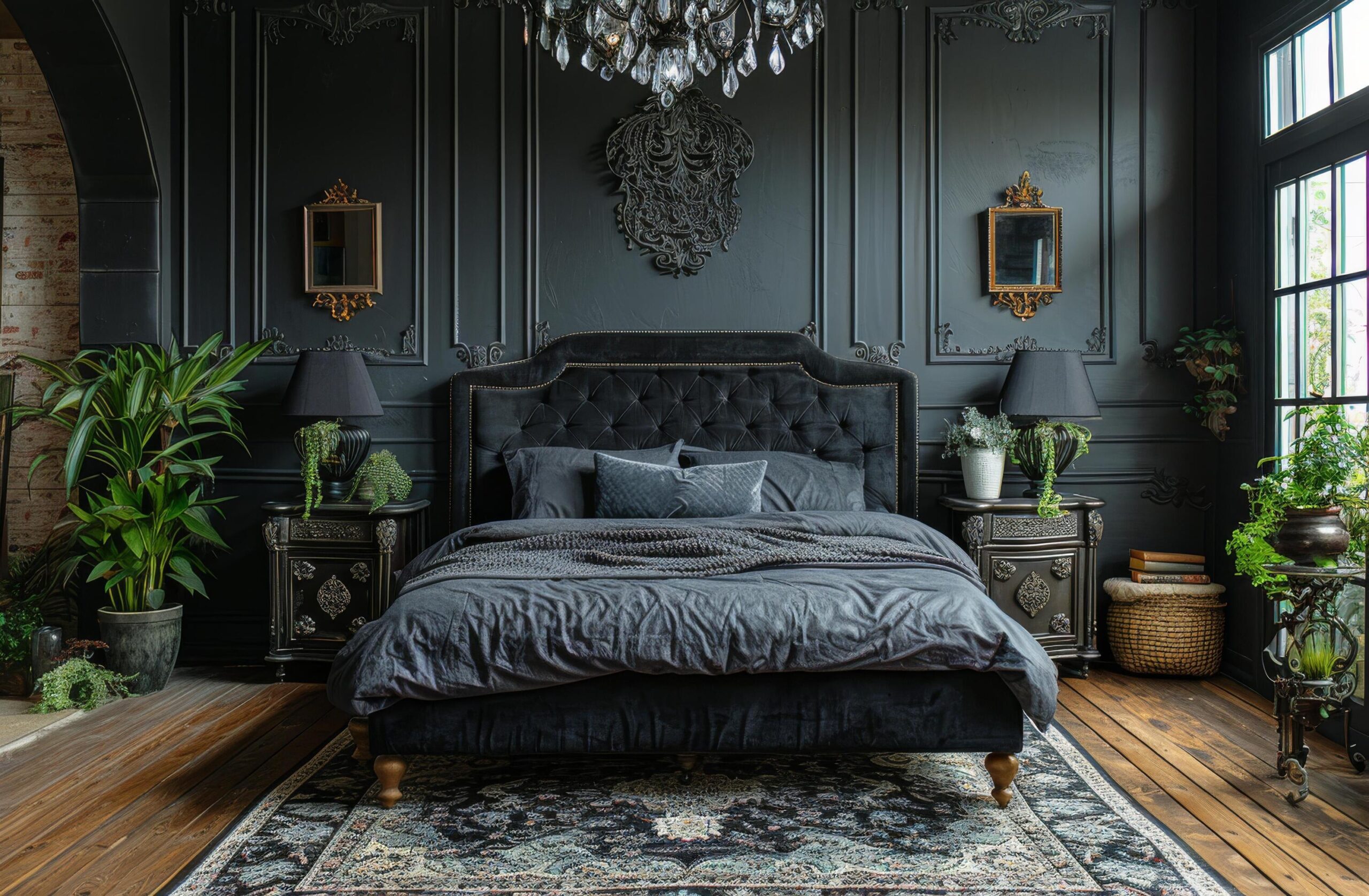 Ai-generated-spacious-bedroom-with-black-walls-and-large-bed-free-photo