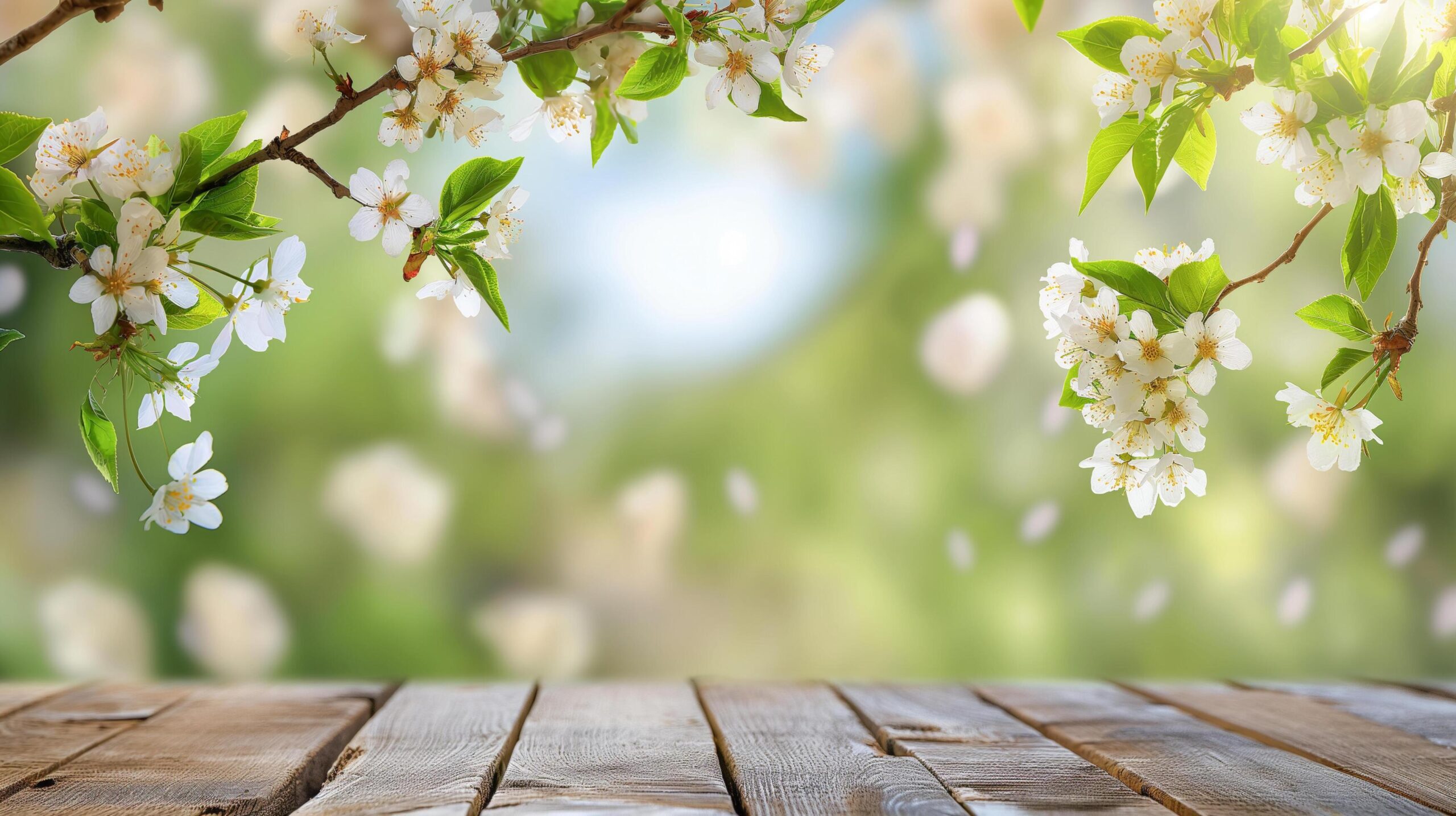 Ai-generated-spring-background-with-flowering-branches-and-wooden-base-free-photo