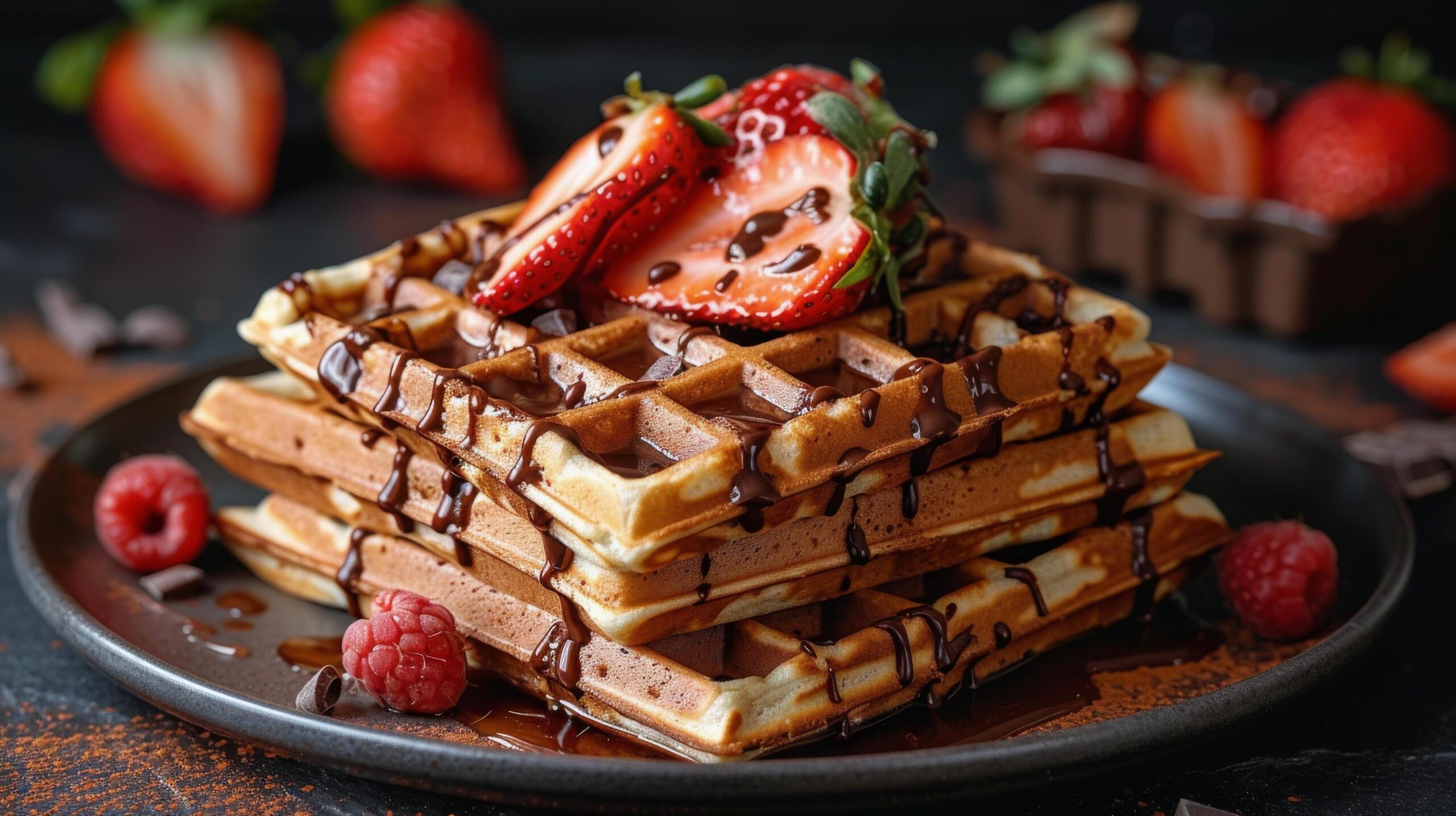 Ai-generated-stack-of-waffles-topped-with-strawberries-and-chocolate-free-photo
