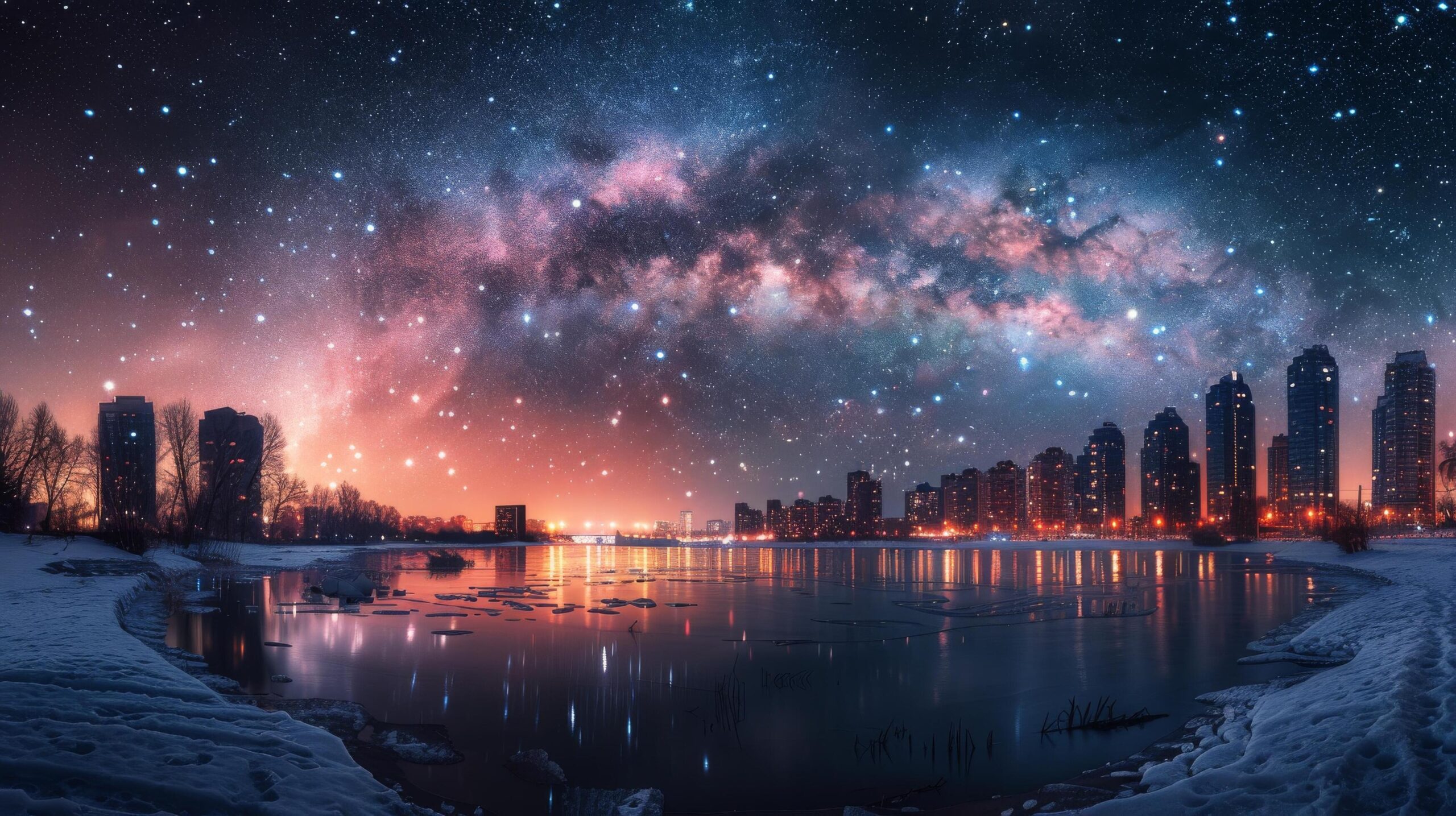 Ai-generated-starry-night-sky-with-city-lights-reflected-in-water-free-photo
