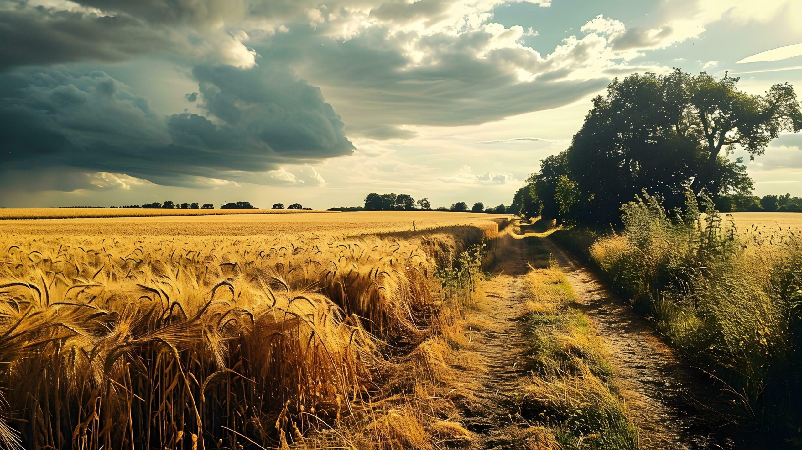 Ai-generated-stormy-skies-over-lush-wheat-field-pathway-free-photo