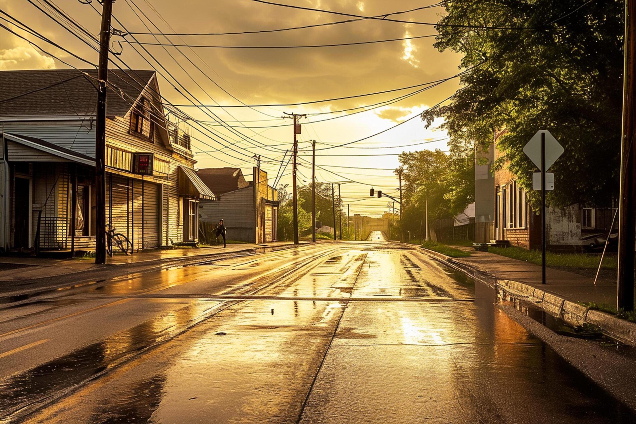 Ai-generated-street-scene-sunrise-or-sunset-the-road-is-possibly-due-to-recent-rain-and-reflects-the-light-from-the-sky-buildings-line-both-sides-of-the-street-old-and-have-rustic-ai-generated-free-photo