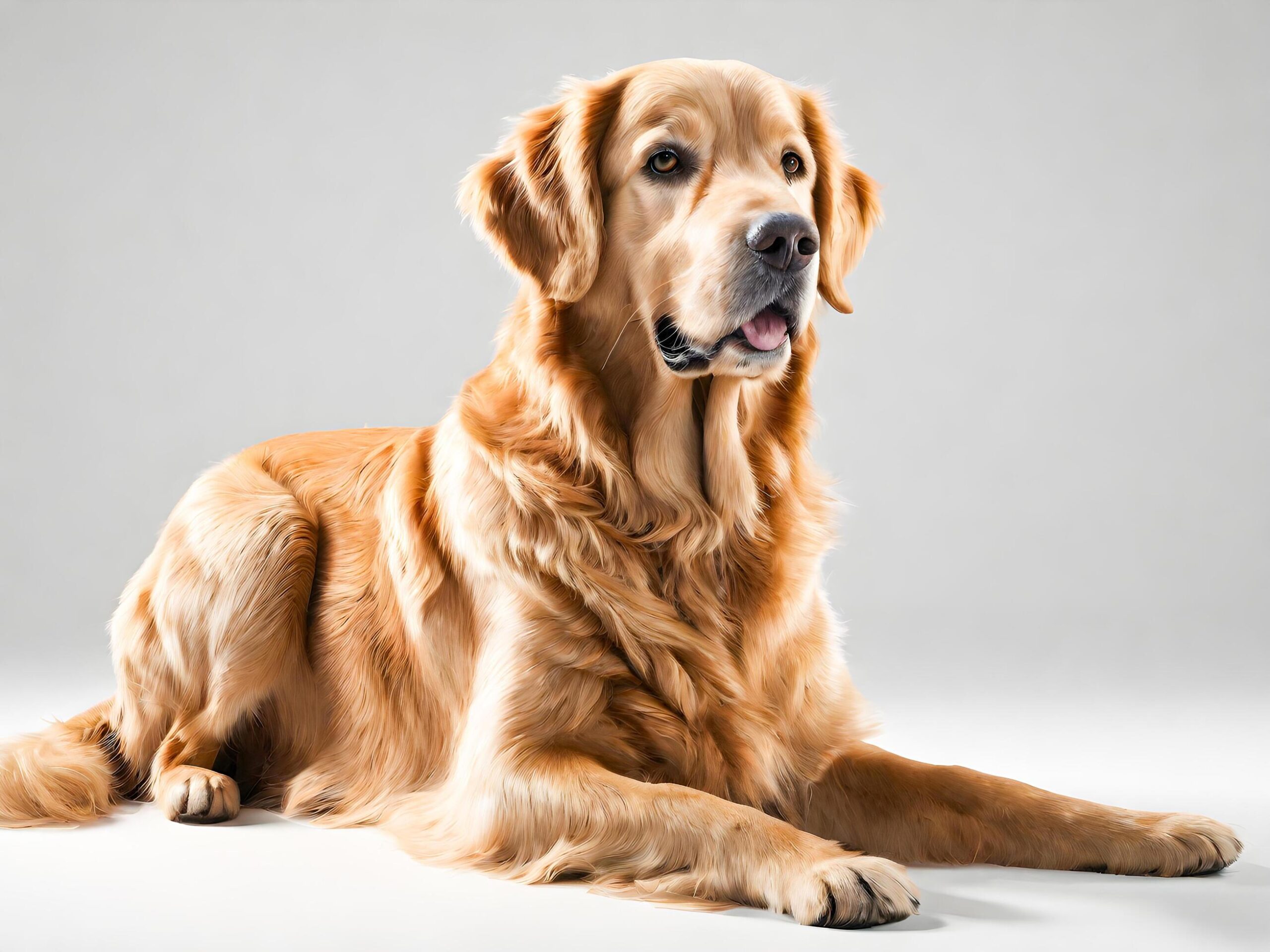 Ai-generated-studio-shot-of-a-beautiful-golden-retriever-lying-on-white-background-free-photo