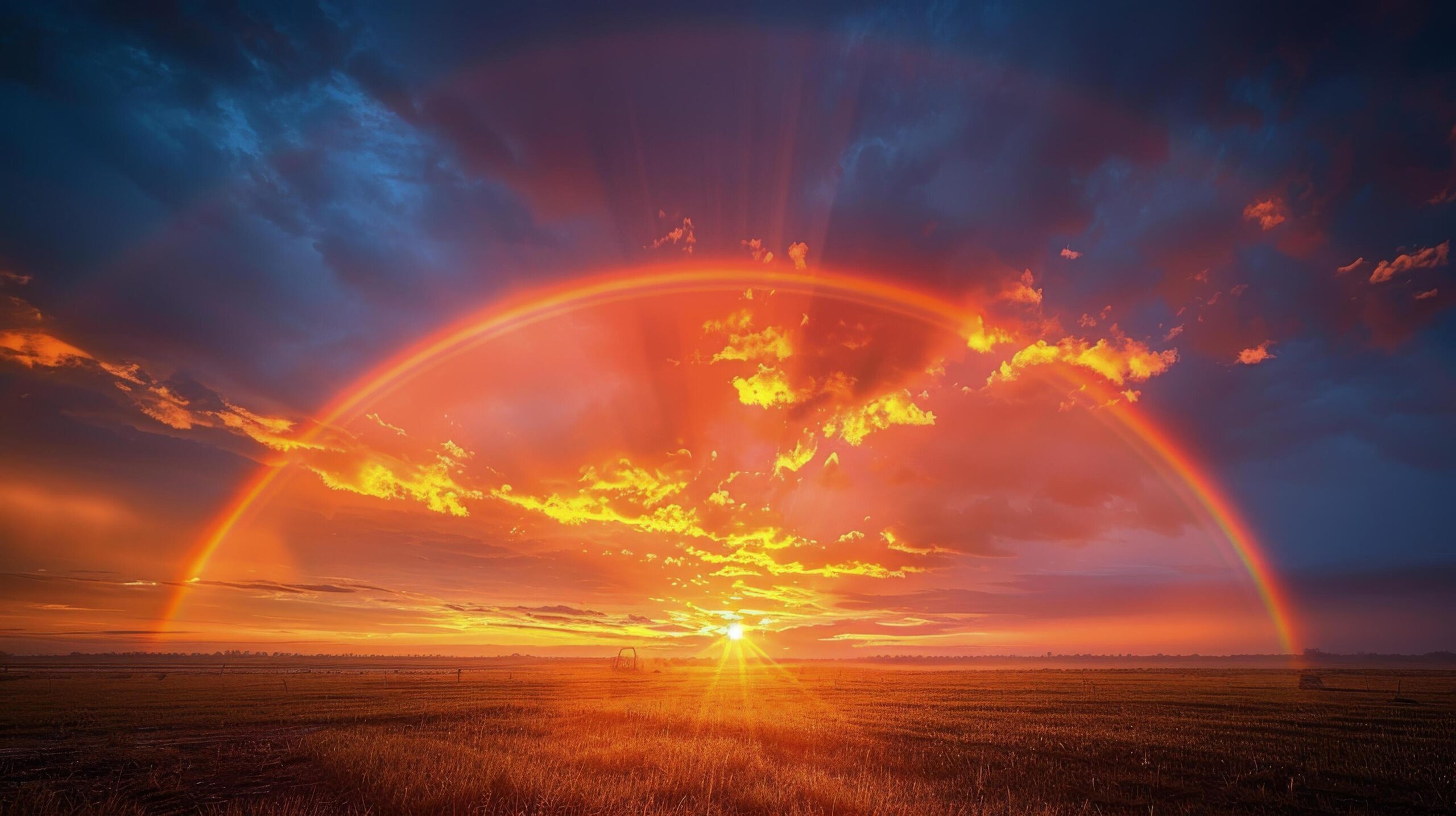 Ai-generated-sun-setting-over-field-with-rainbow-free-photo