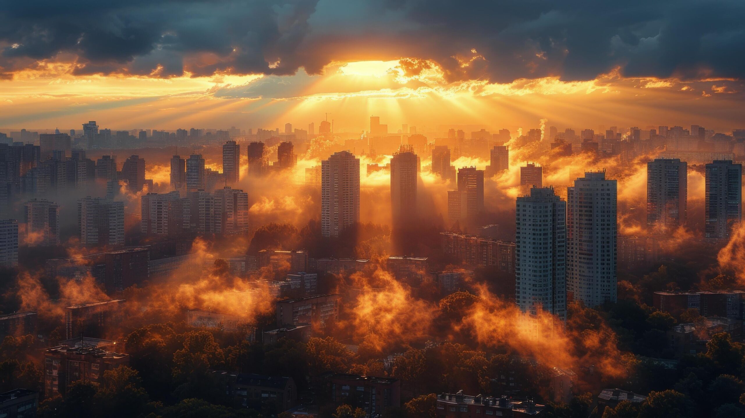 Ai-generated-sun-shining-through-clouds-over-city-free-photo