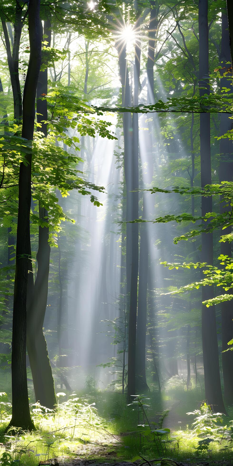 Ai-generated-sunlight-through-lush-green-canopy-free-photo