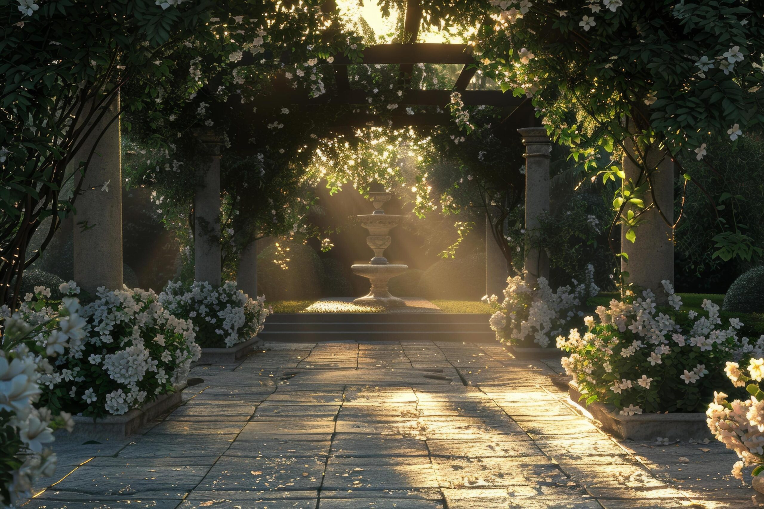 Ai-generated-sunrise-rays-in-a-serene-garden-with-fountain-free-photo