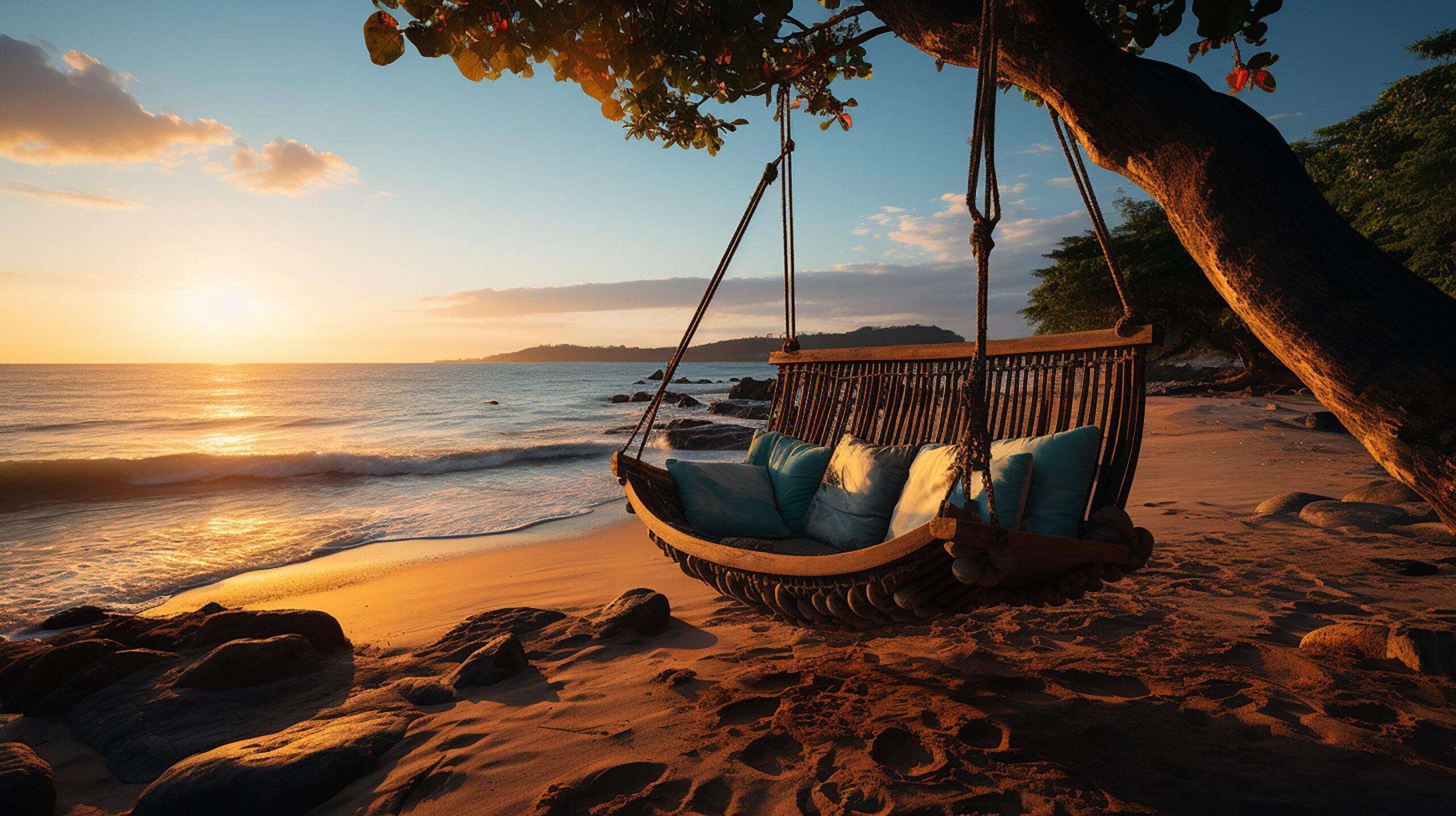 Ai-generated-sunrise-tropical-beach-paradise-as-summer-landscape-with-beach-swing-or-hammock-and-white-sand-calm-sea-serene-beach-luxury-beach-vacation-summer-holiday-free-photo