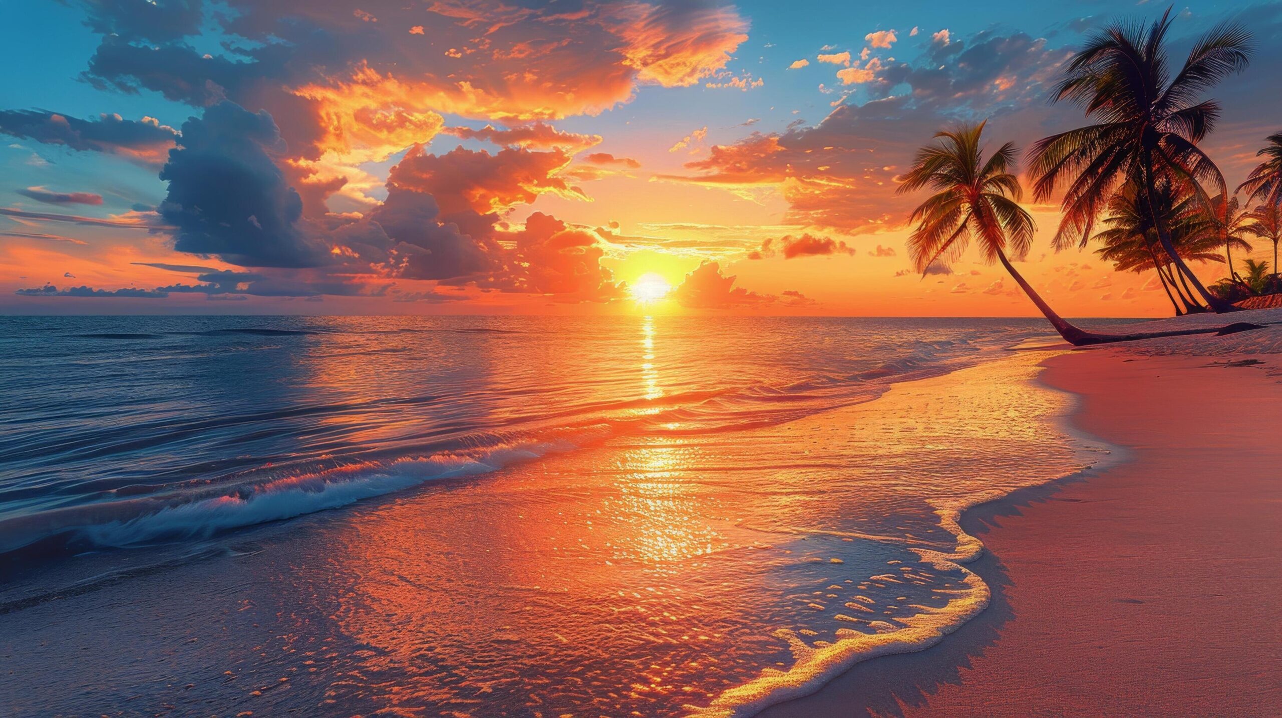 Ai-generated-sunset-on-tropical-beach-with-palm-trees-free-photo