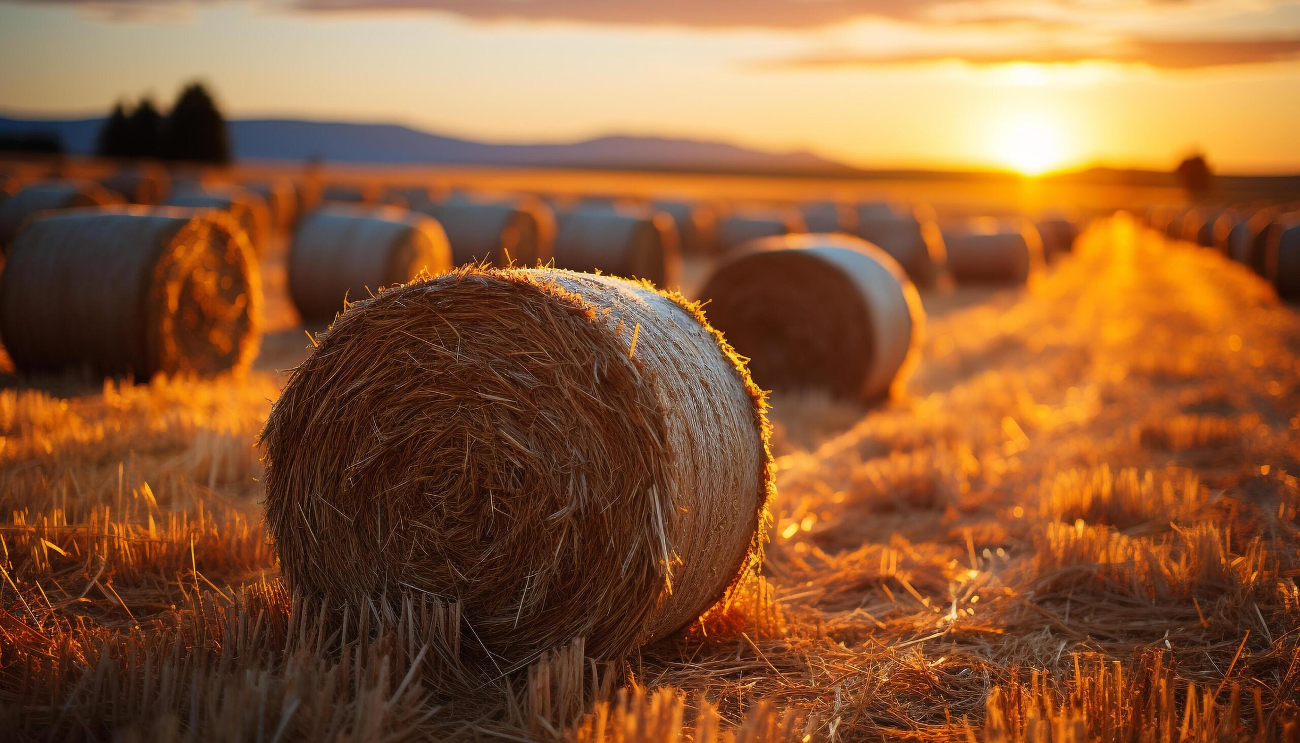 Ai-generated-sunset-over-a-rural-farm-golden-wheat-harvested-outdoors-generated-by-ai-free-photo