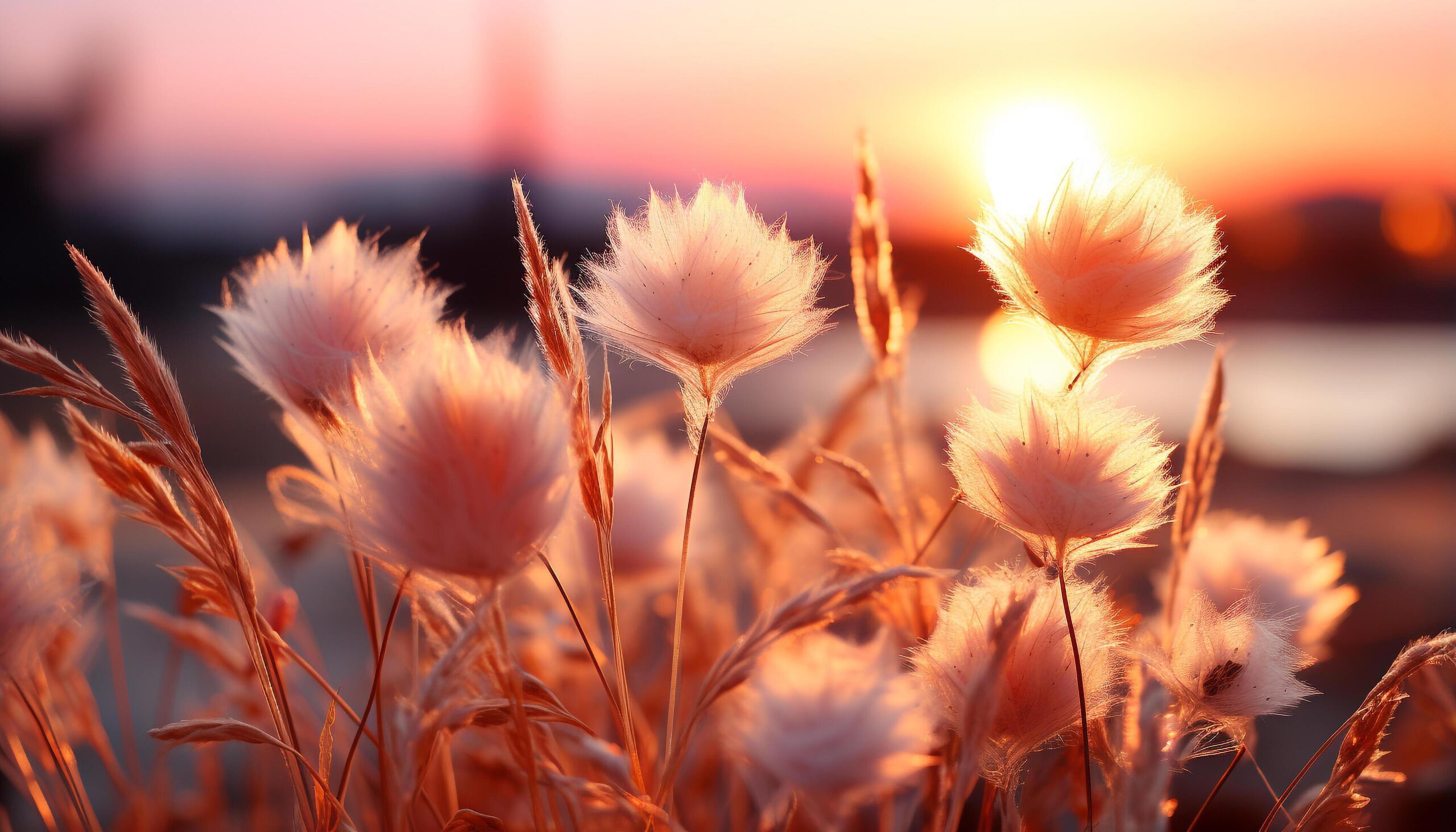 Ai-generated-sunset-over-meadow-nature-beauty-in-vibrant-orange-and-yellow-generated-by-ai-free-photo