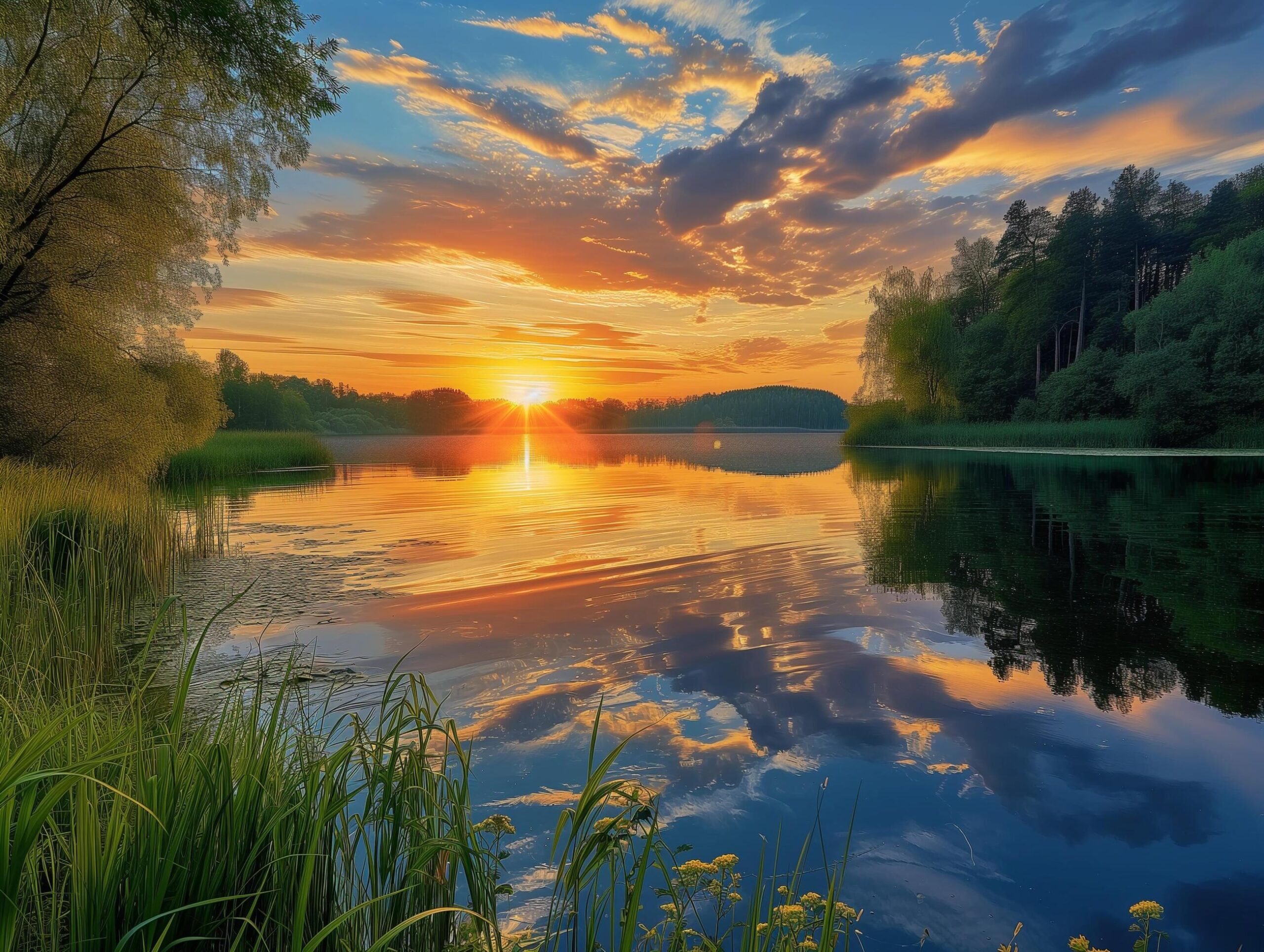 Ai-generated-sunset-over-the-lake-beautiful-summer-landscape-nature-composition-free-photo