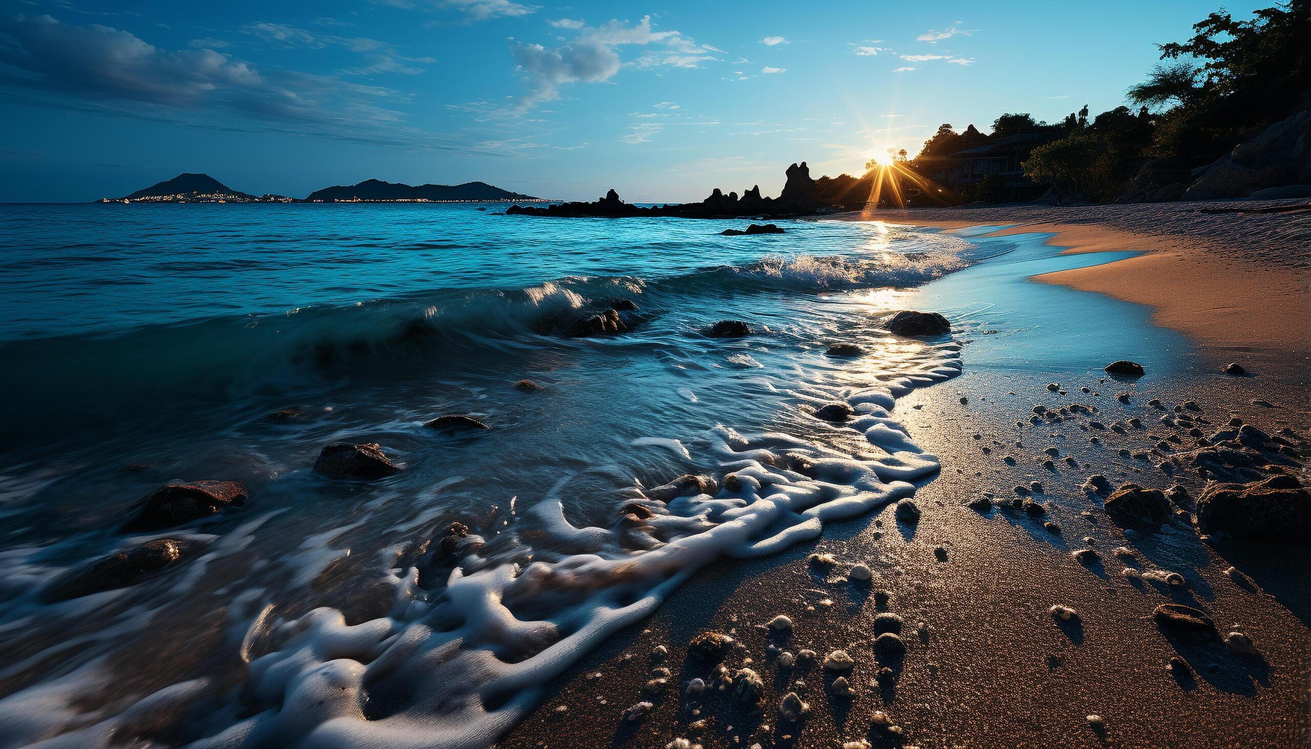 Ai-generated-sunset-over-tranquil-waters-a-serene-summer-landscape-generated-by-ai-free-photo
