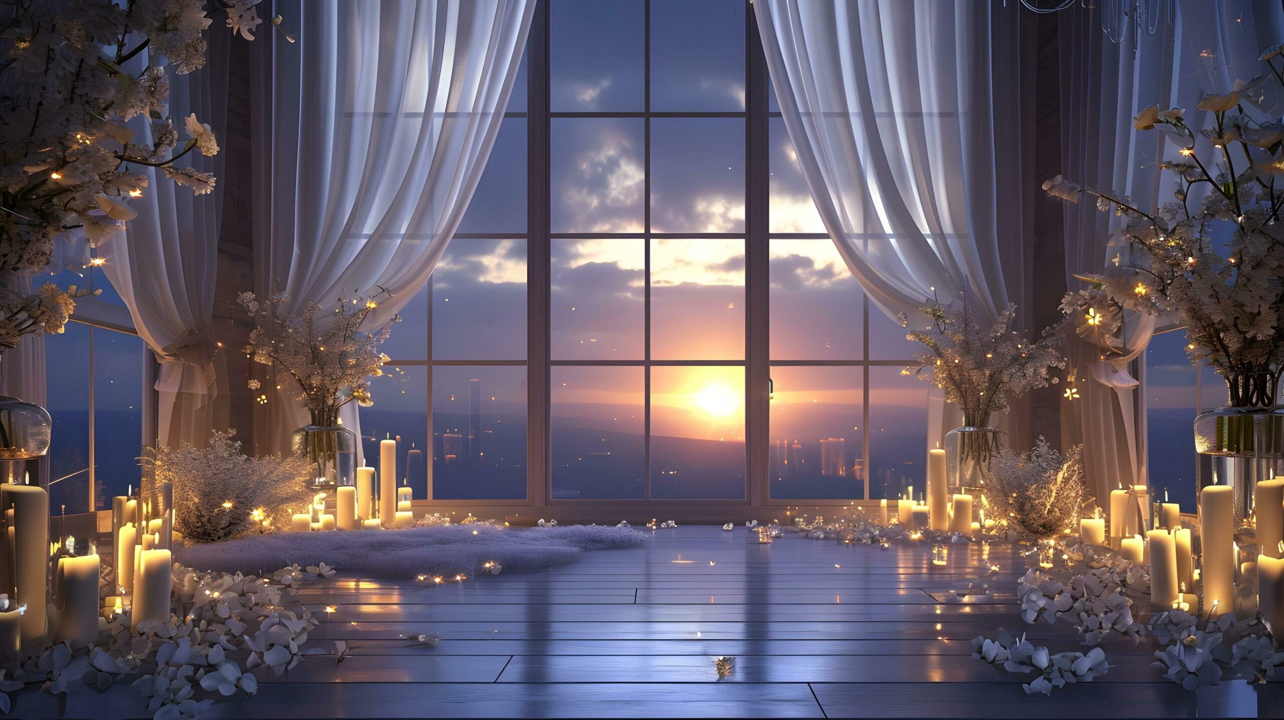 Ai-generated-sunset-serenade-amidst-a-symphony-of-candles-and-blossoms-free-photo