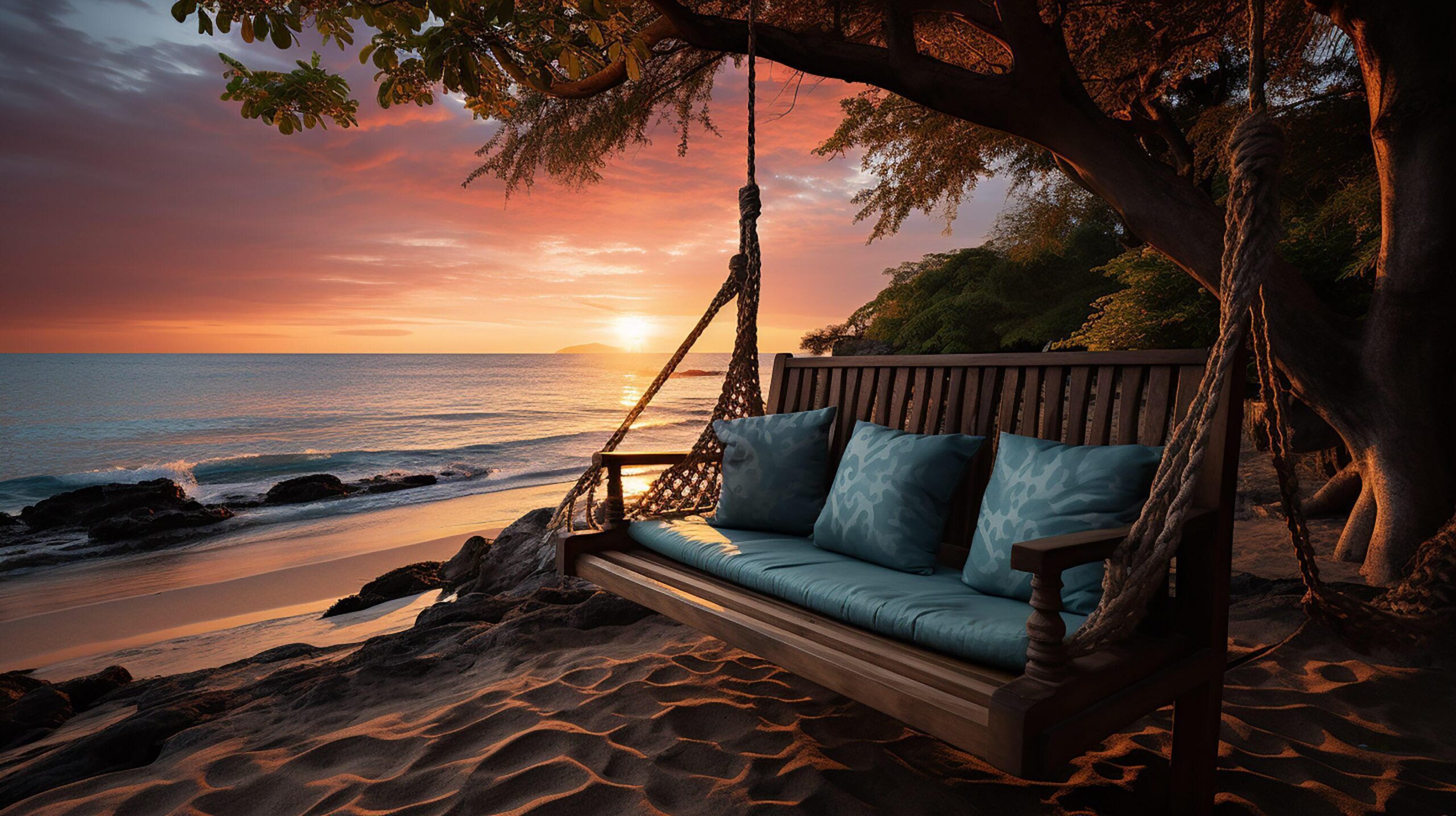 Ai-generated-sunset-tropical-beach-paradise-as-summer-landscape-with-beach-swing-or-hammock-and-white-sand-calm-sea-serene-beach-luxury-beach-vacation-summer-holiday-free-photo