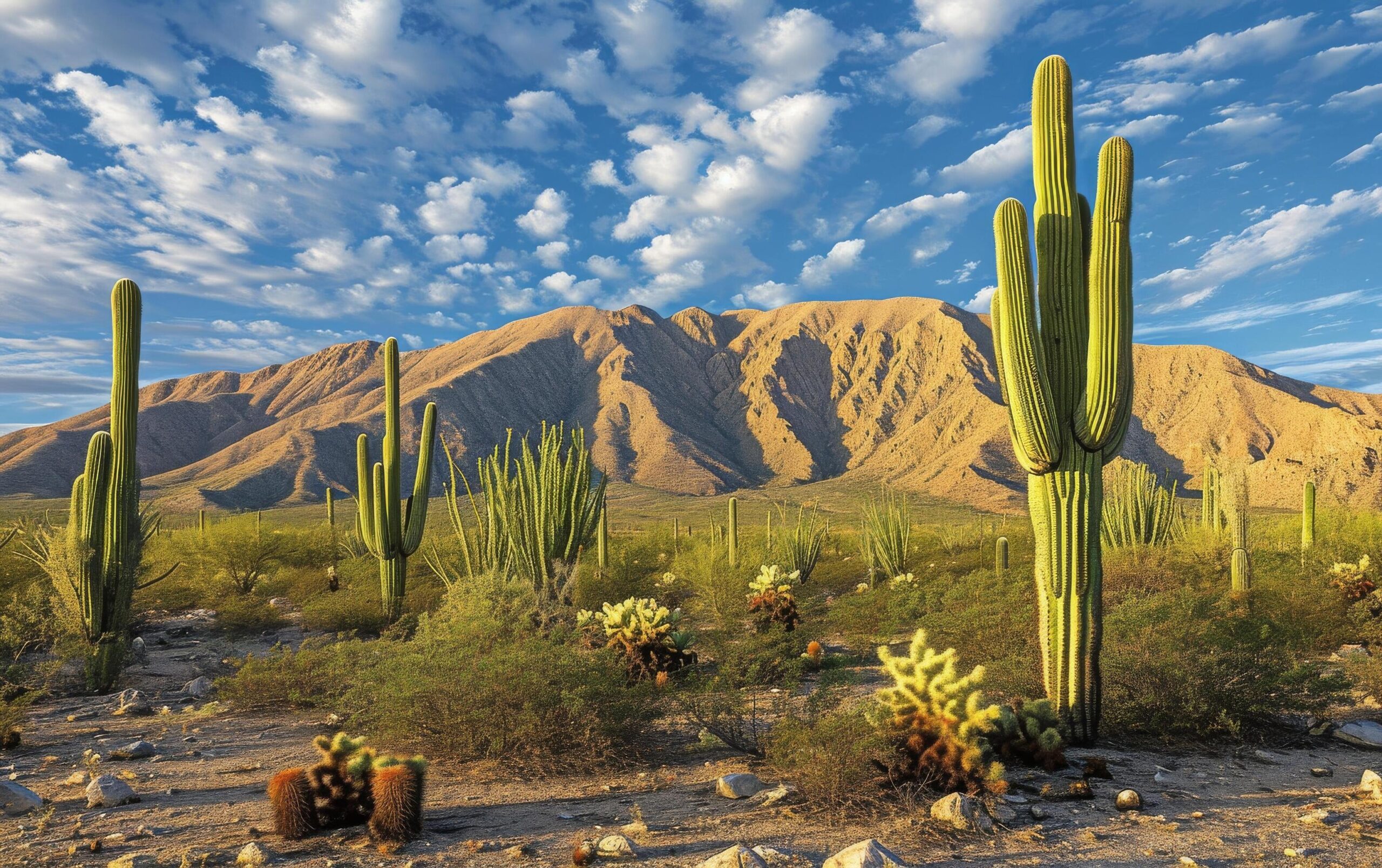 Ai-generated-tall-saguaro-cacti-dominate-the-desert-landscape-with-a-backdrop-of-a-mountain-range-at-sunset-free-photo