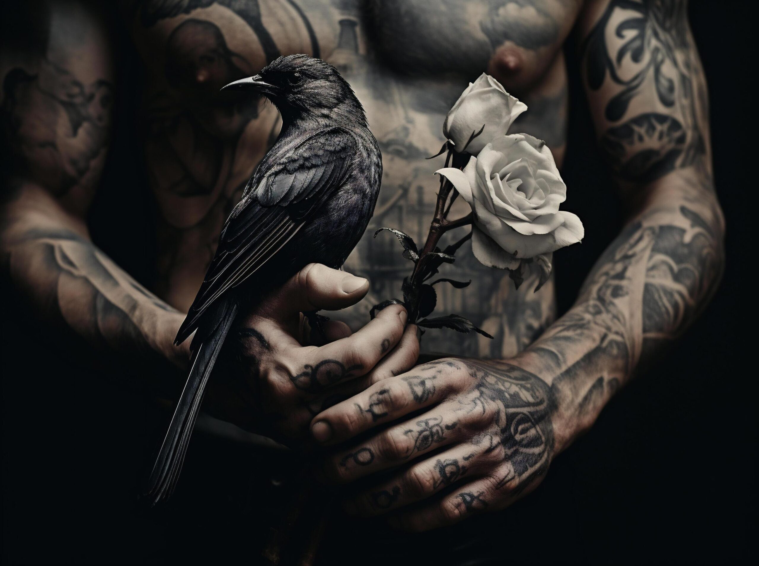 Ai-generated-tattooed-man-holding-a-black-bird-and-a-rose-free-photo