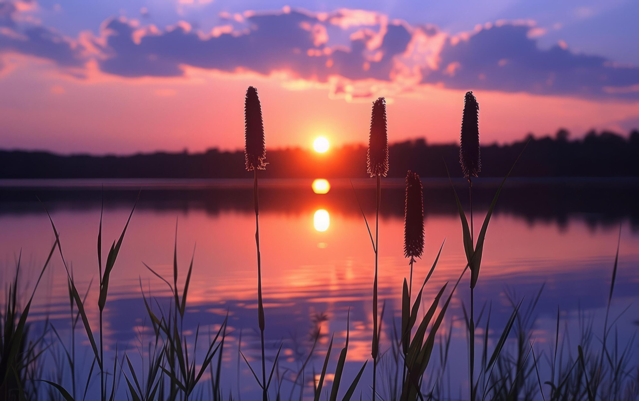 Ai-generated-the-fiery-orb-of-the-setting-sun-glows-intensely-behind-silhouetted-cattails-at-the-water-edge-free-photo