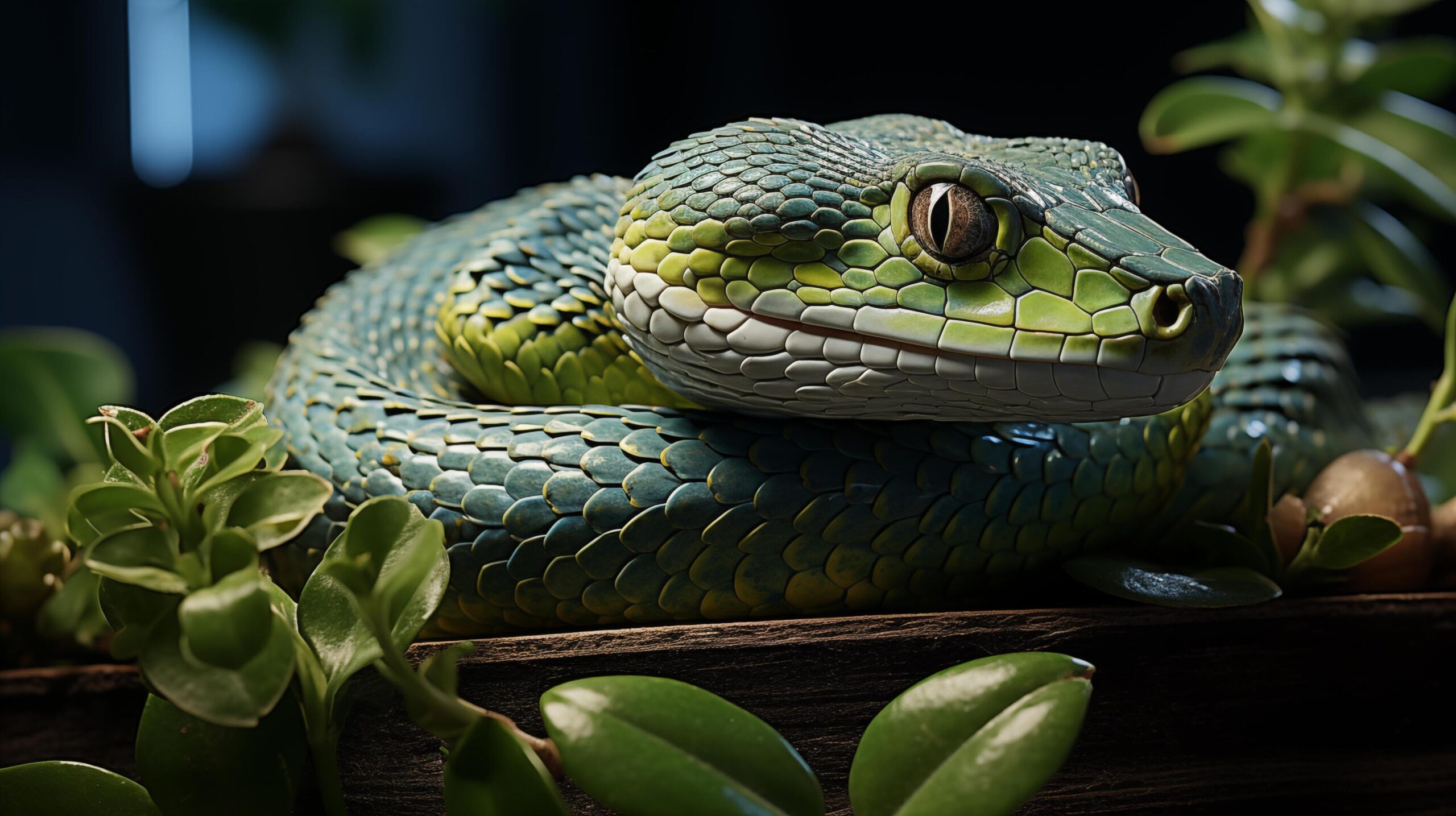 Ai-generated-the-green-tree-snake-is-curled-up-in-a-ball-looking-at-the-middle-of-the-green-leaves-free-photo