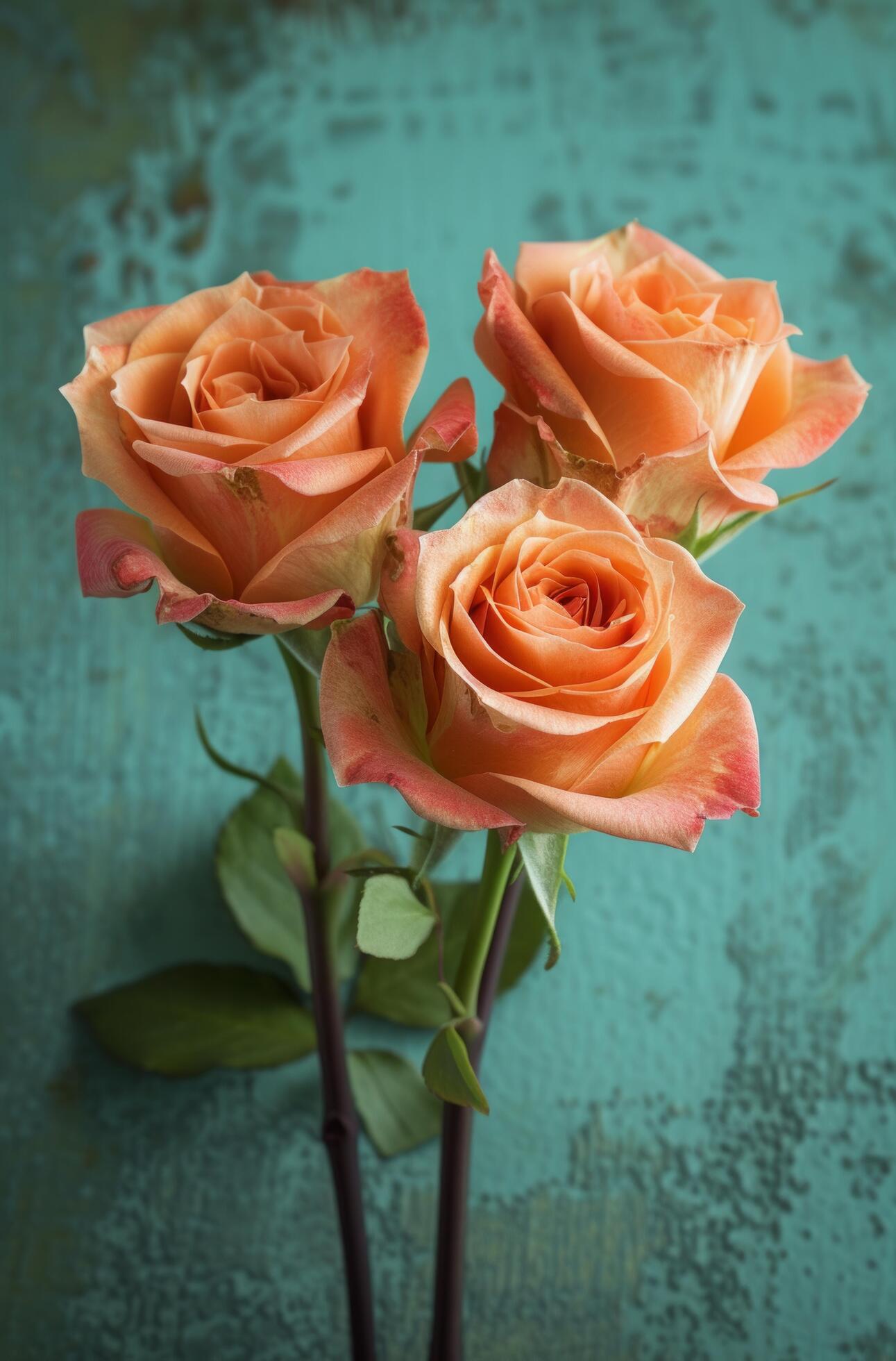 Ai-generated-three-orange-roses-sitting-on-a-green-surface-free-photo