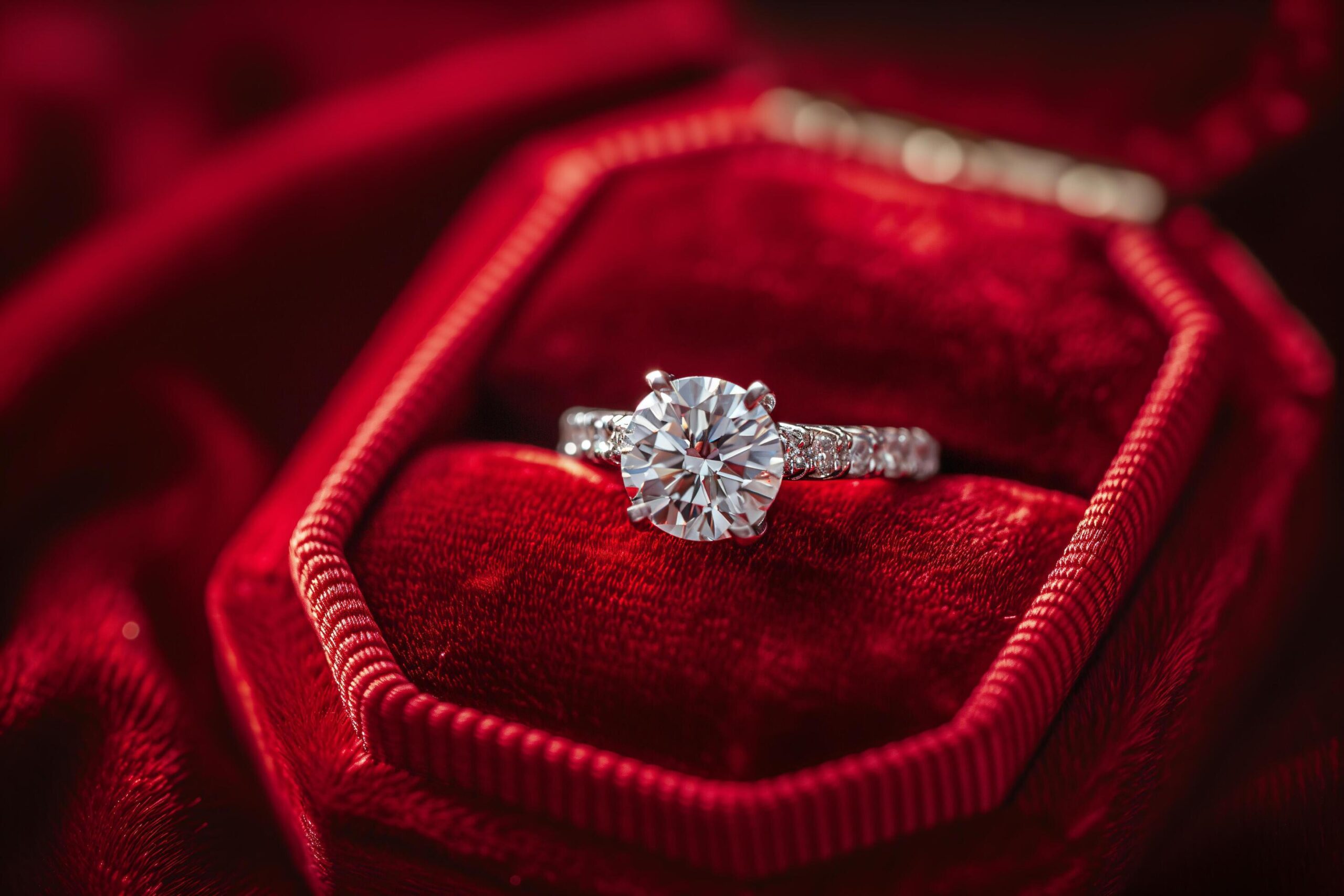 Ai-generated-top-view-close-up-engagement-diamond-ring-on-red-velvet-box-free-photo