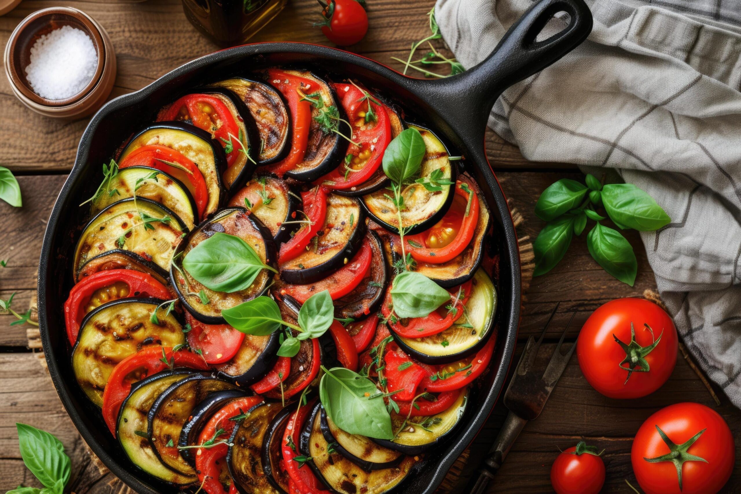 Ai-generated-traditional-french-ratatouille-with-tomatoes-eggplant-and-zucchini-top-view-copy-space-free-photo
