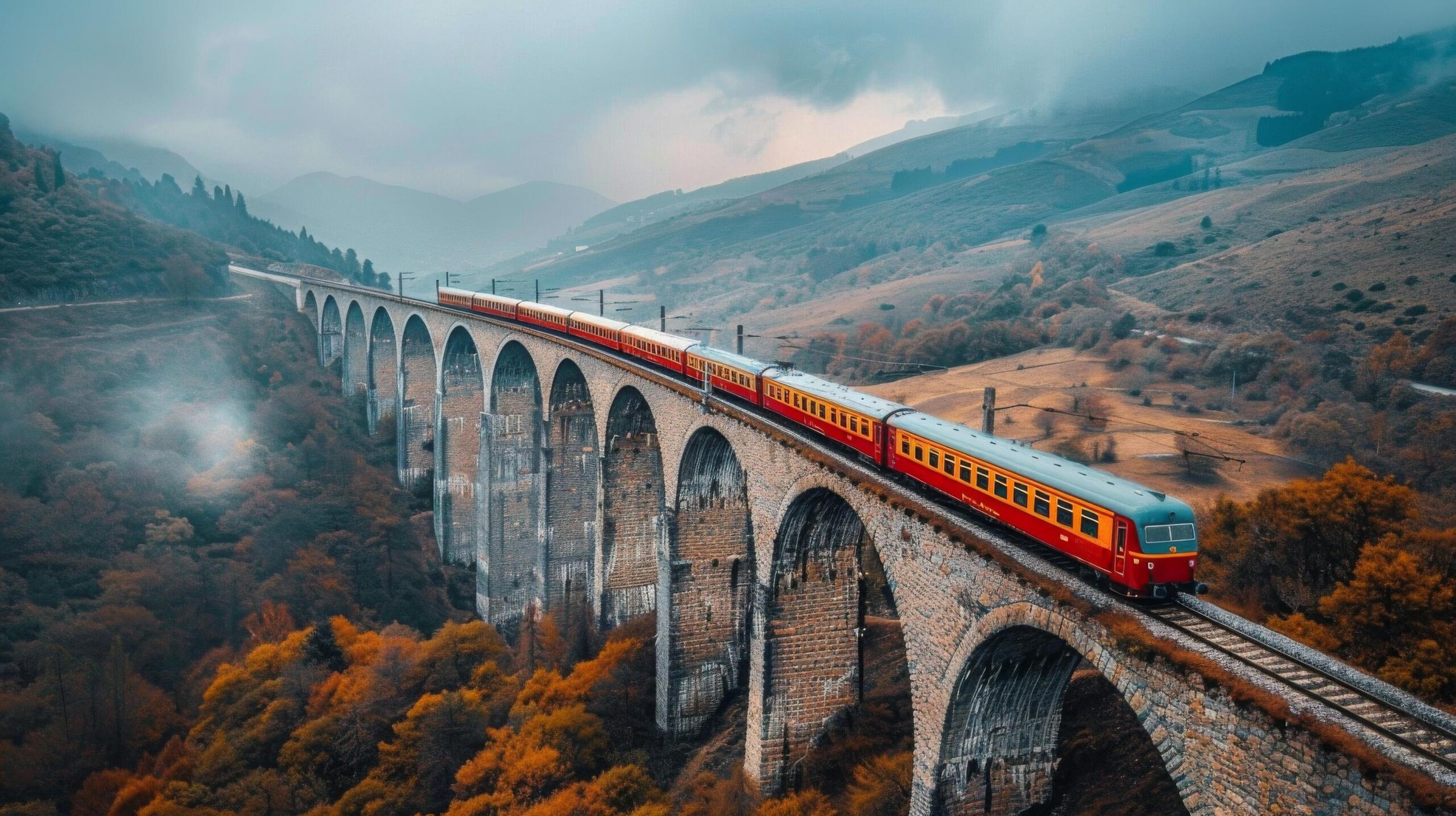 Ai-generated-train-crossing-bridge-with-mountains-in-background-free-photo