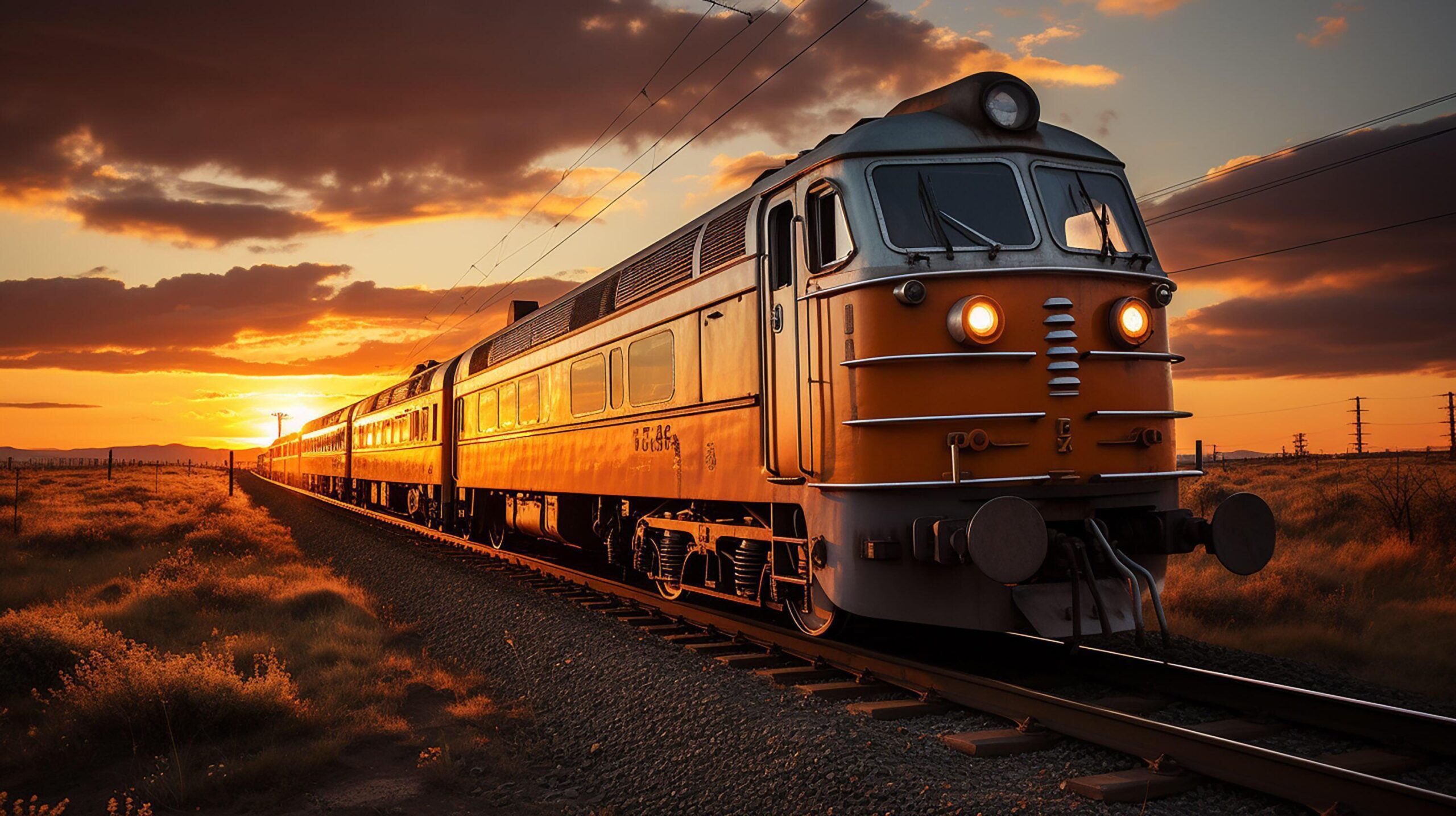 Ai-generated-train-on-the-railroad-sunset-background-free-photo