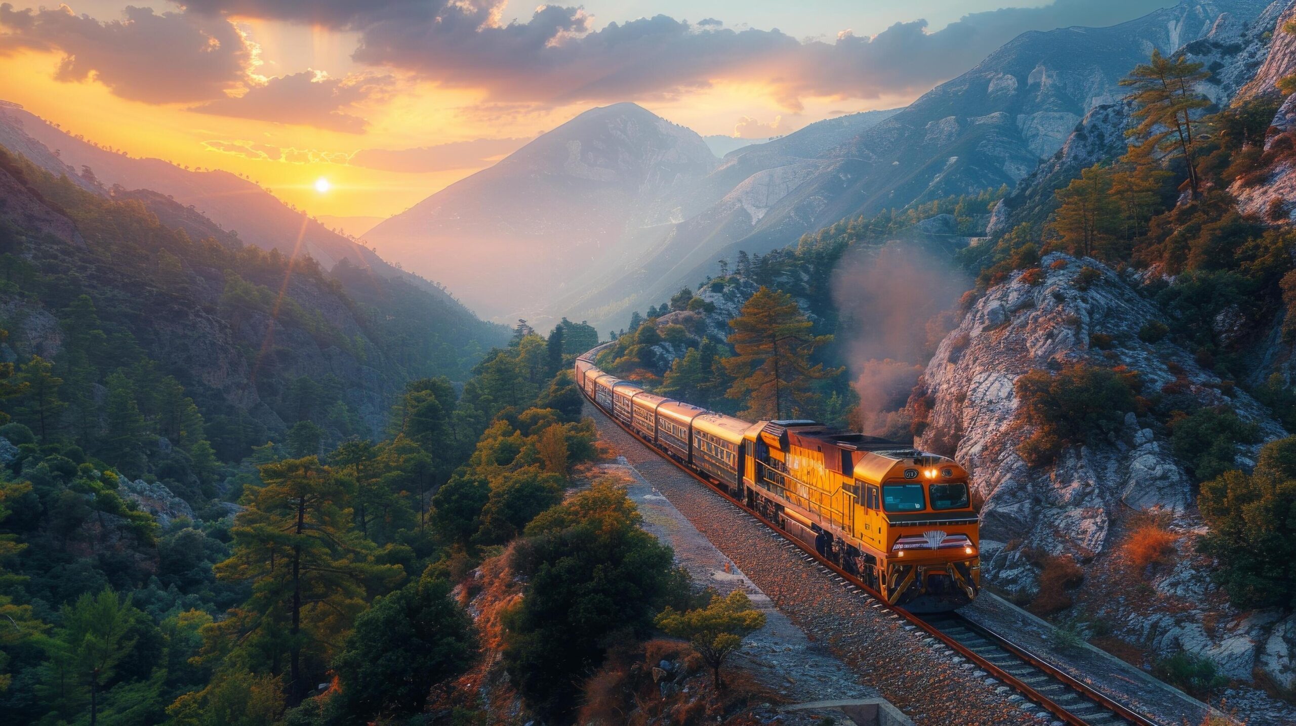 Ai-generated-train-traveling-through-lush-green-forest-free-photo