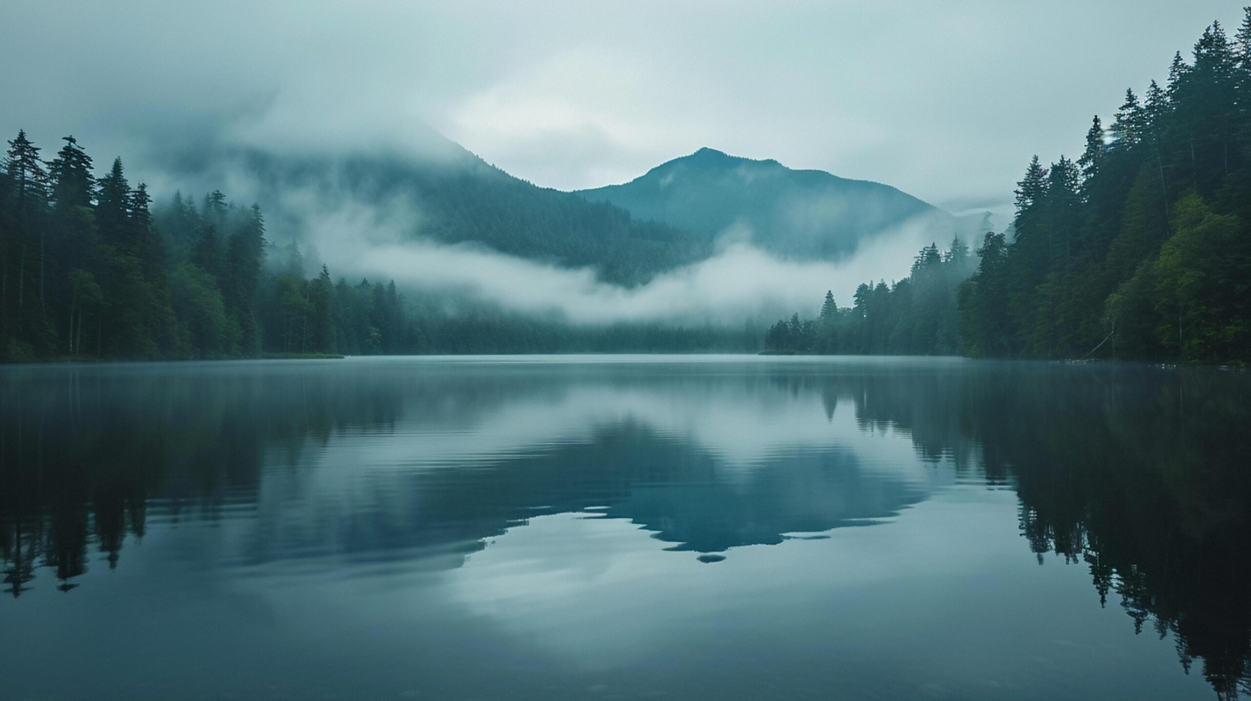 Ai-generated-tranquil-lake-surrounded-by-dense-forest-with-misty-mountains-in-the-background-the-water-in-the-lake-is-still-reflecting-the-surrounding-landscape-like-mirror-ai-generated-free-photo