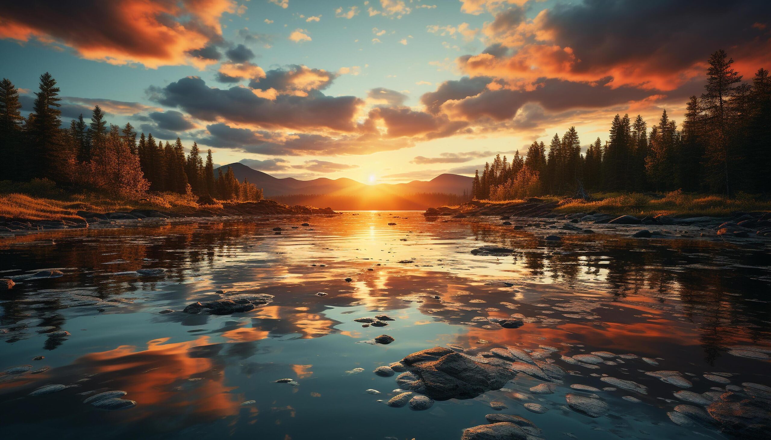 Ai-generated-tranquil-scene-sunset-reflects-on-mountain-nature-majestic-beauty-generated-by-ai-free-photo