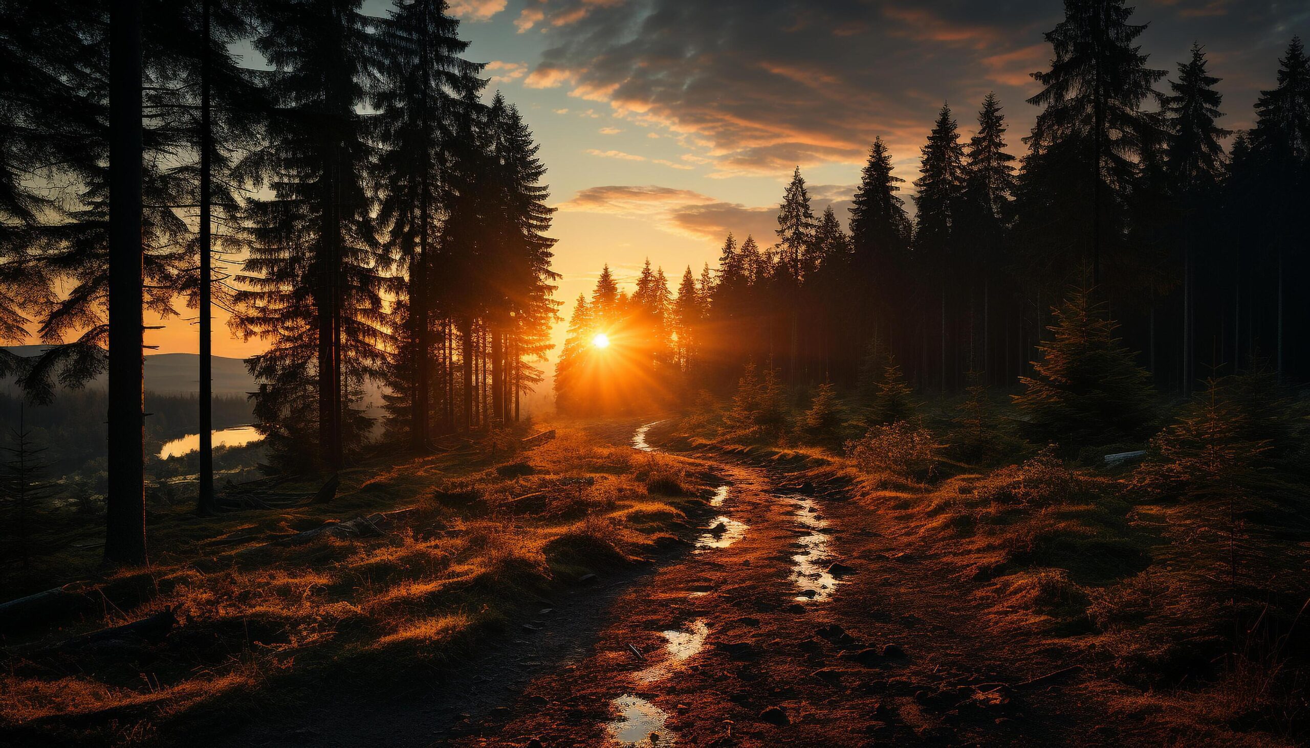 Ai-generated-tranquil-sunset-nature-beauty-in-a-forest-landscape-generated-by-ai-free-photo