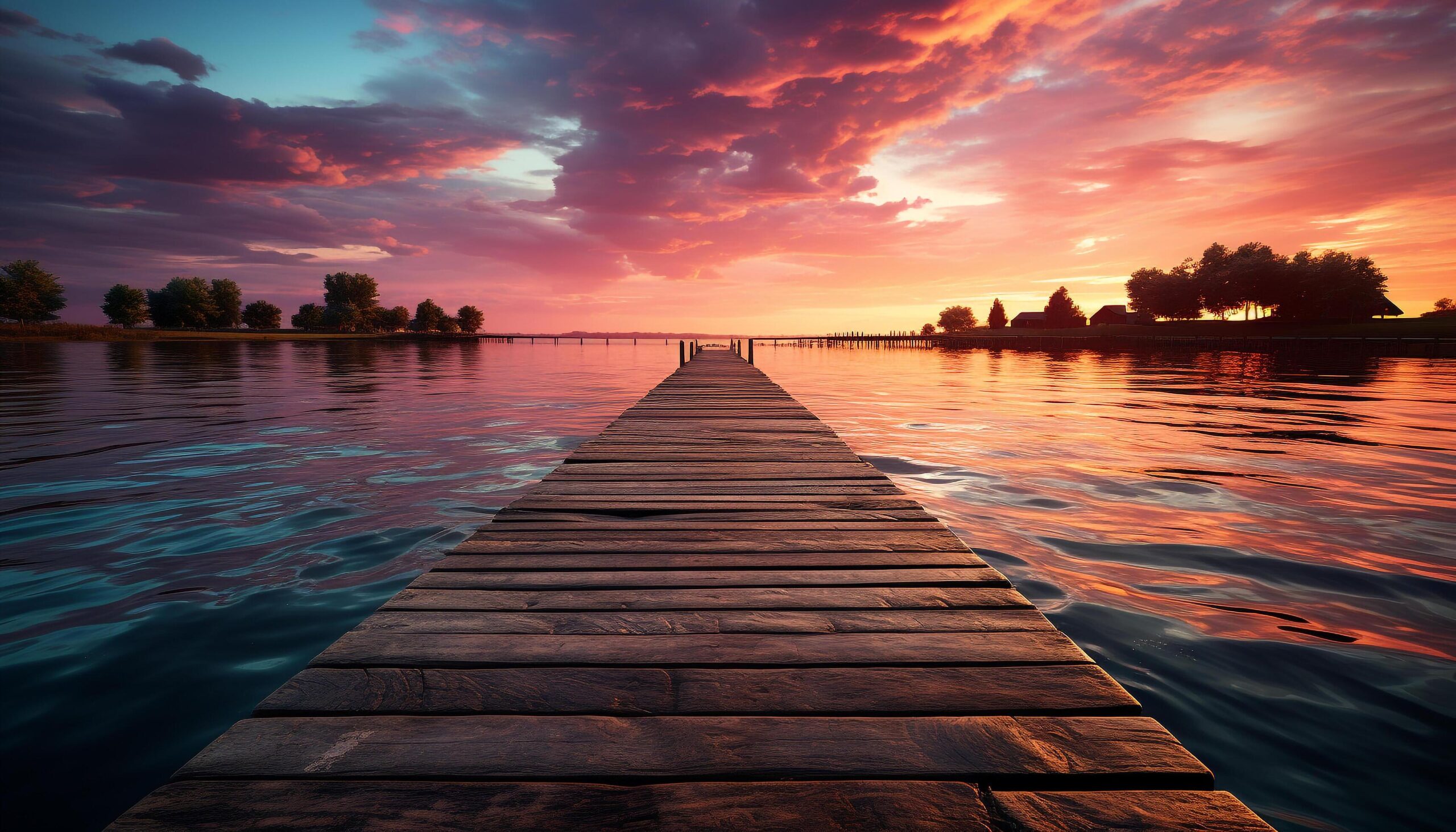 Ai-generated-tranquil-sunset-over-water-wood-reflects-beauty-in-nature-generated-by-ai-free-photo