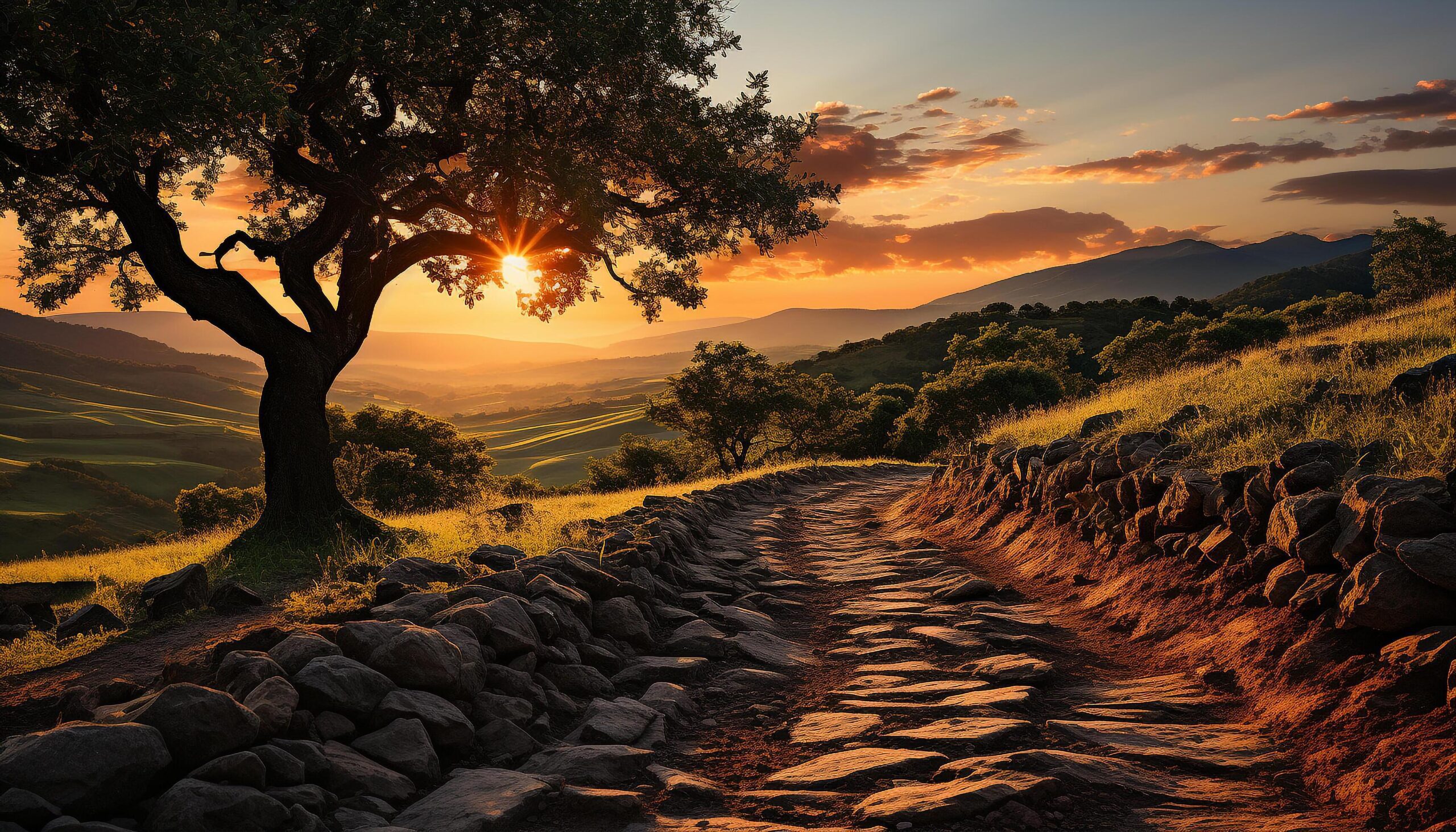 Ai-generated-tranquil-sunset-paints-nature-beauty-on-rural-mountain-landscape-generated-by-ai-free-photo