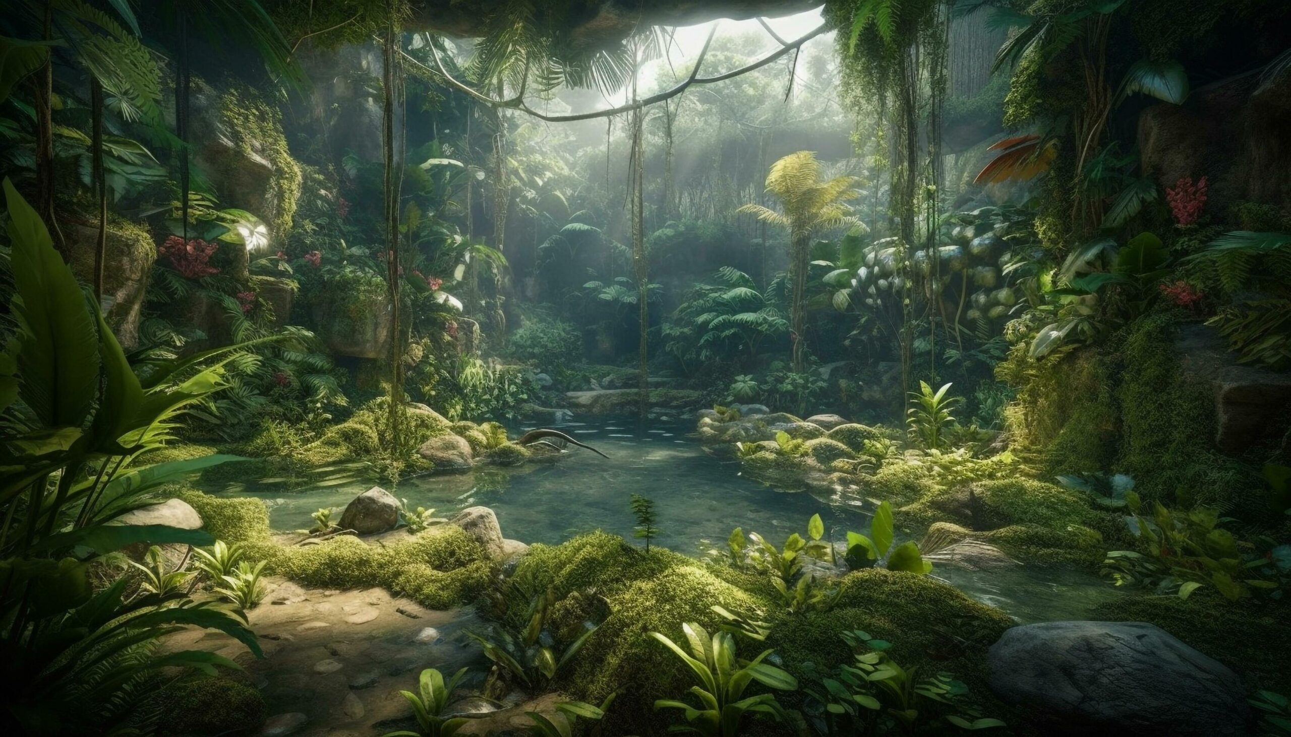 Ai-generated-tranquil-tropical-rainforest-green-palm-trees-flowing-water-serene-landscape-generated-by-ai-free-photo