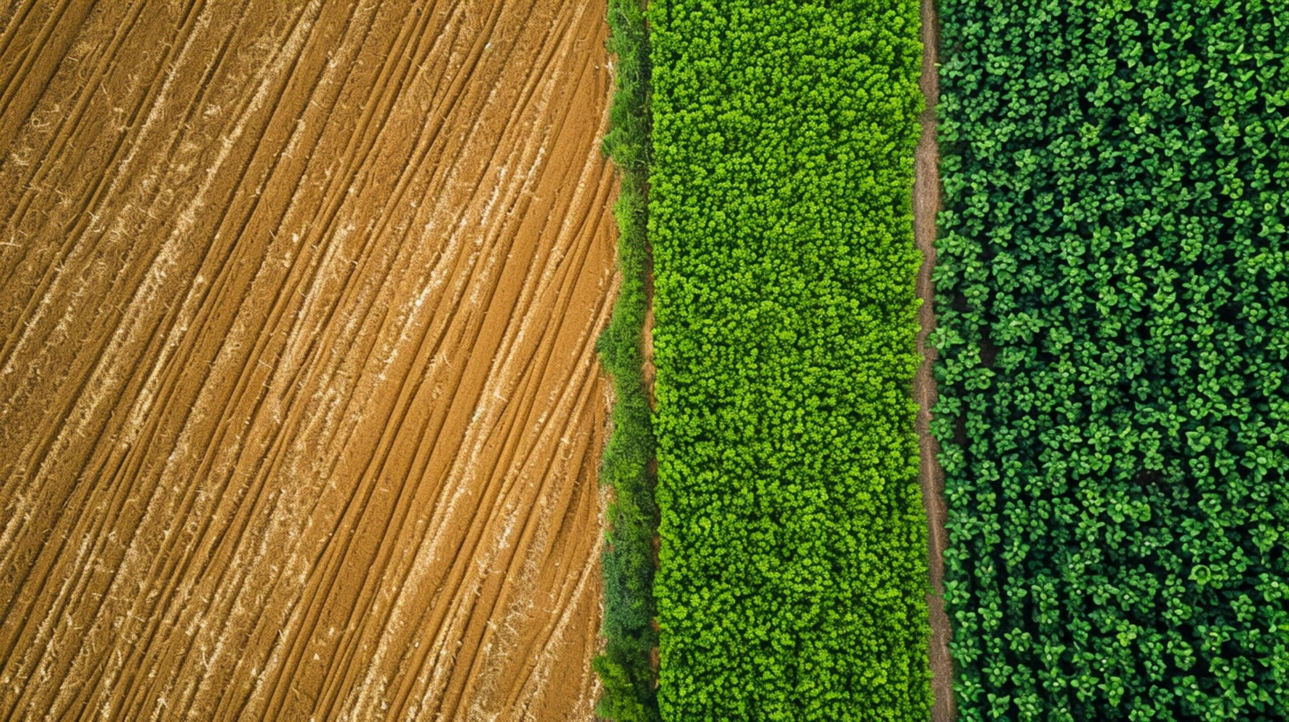 Ai-generated-two-adjacent-agricultural-fields-one-barren-and-the-other-lush-green-the-barren-field-should-have-brown-soil-and-visible-tractor-lines-indicating-recent-cultivation-ai-generated-free-photo