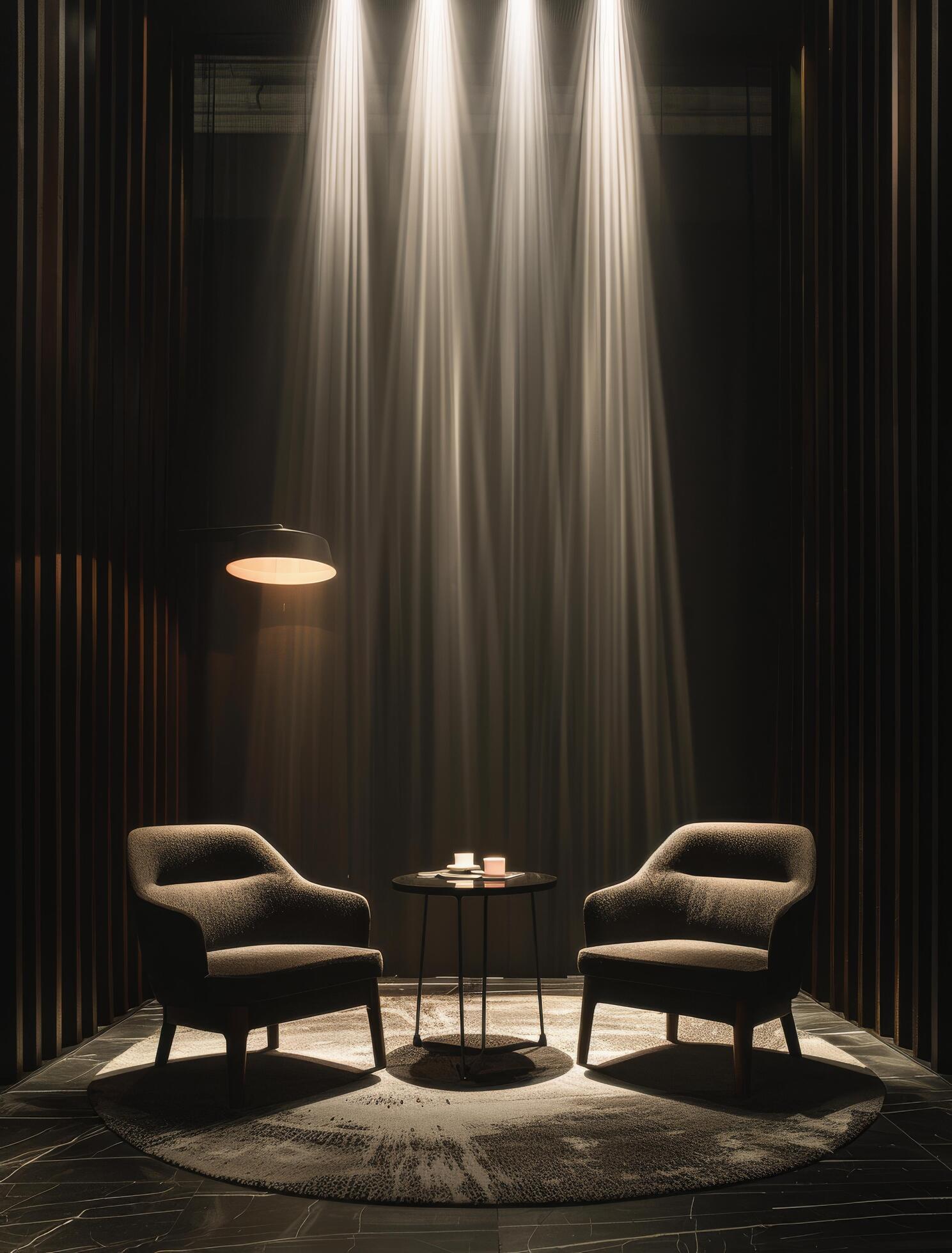 Ai-generated-two-chairs-and-a-table-in-a-dark-room-free-photo