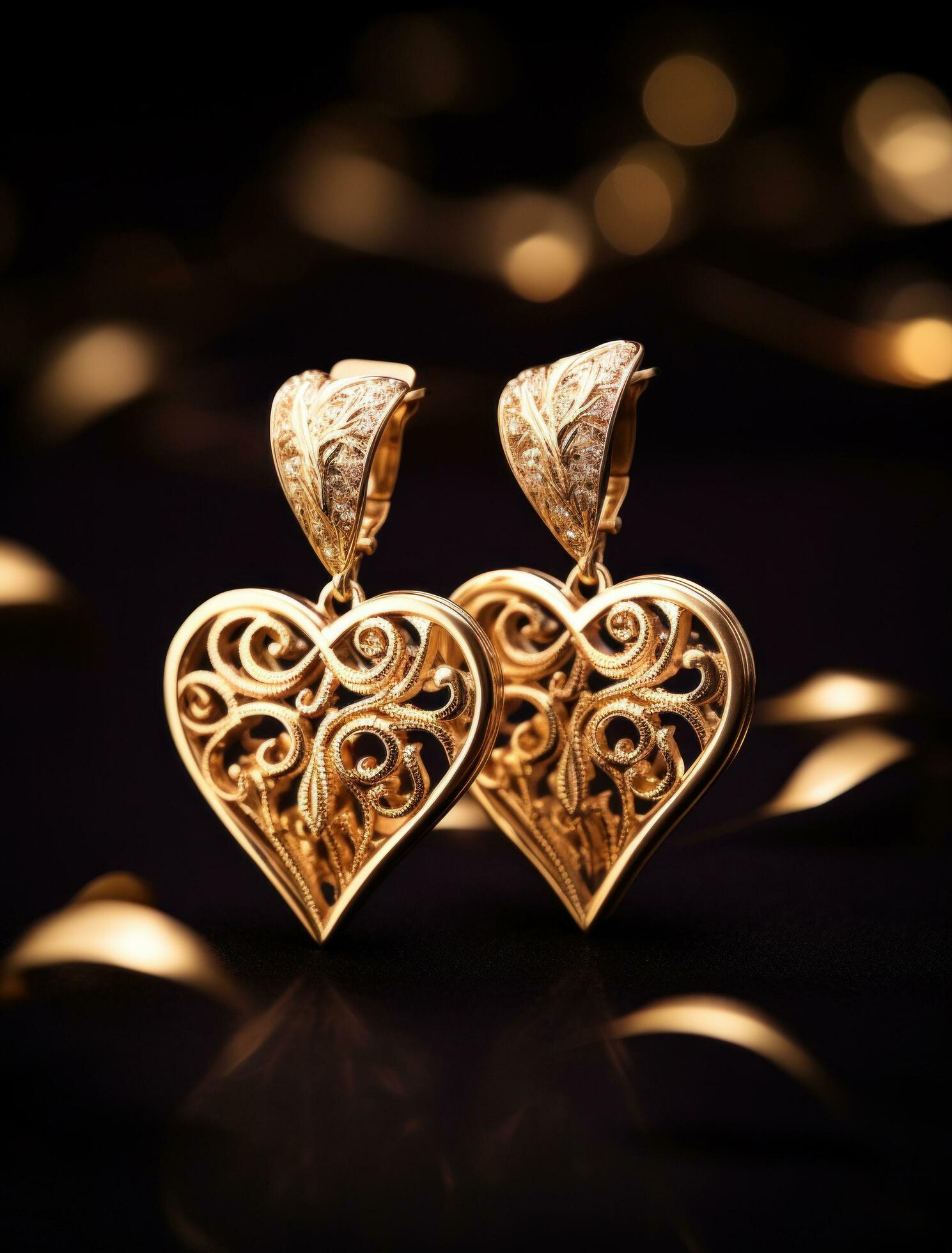 Ai-generated-two-gold-earrings-with-intricate-hearts-design-surrounded-by-lights-free-photo