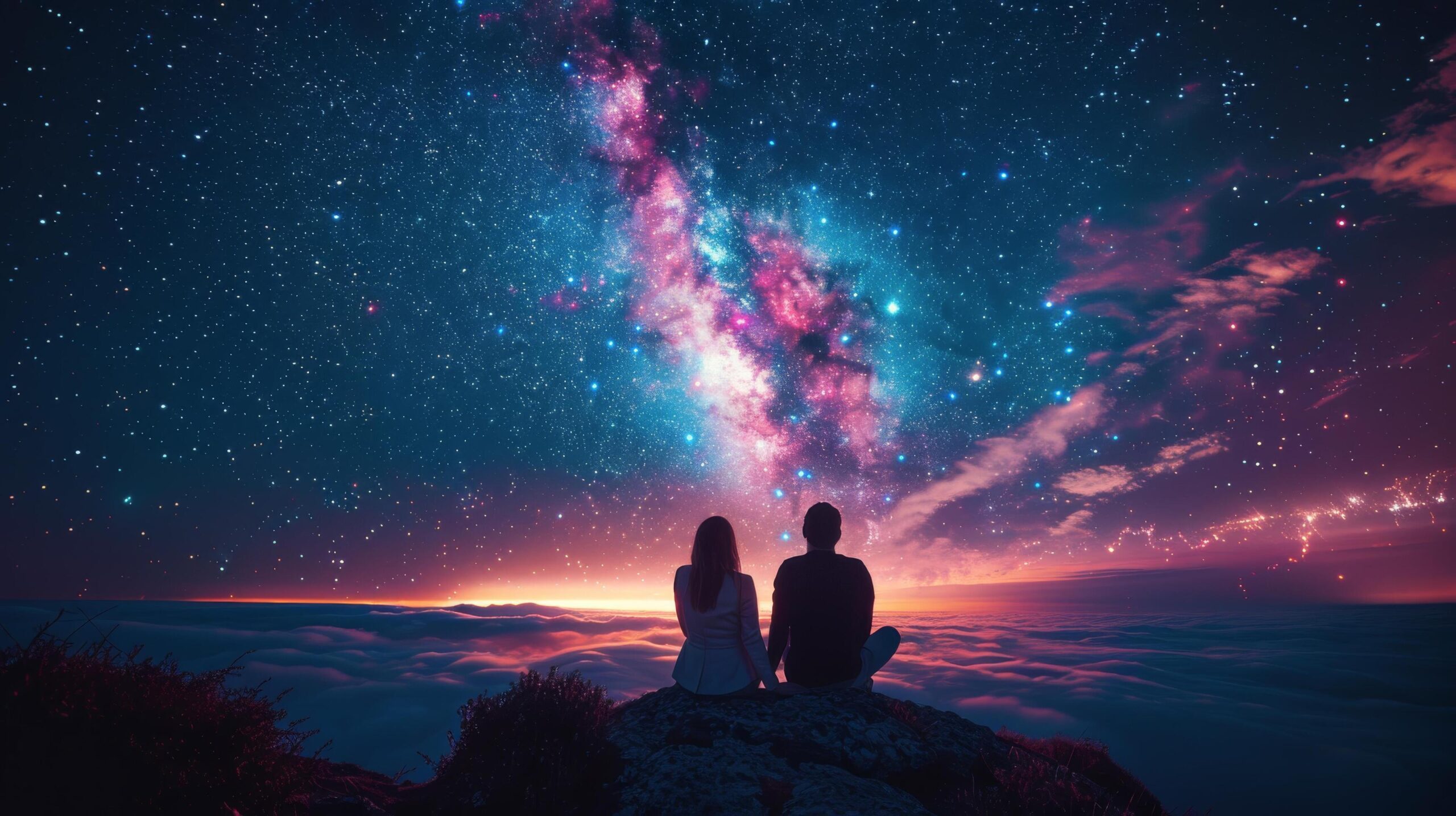 Ai-generated-two-people-standing-on-top-of-a-mountain-looking-at-the-stars-free-photo