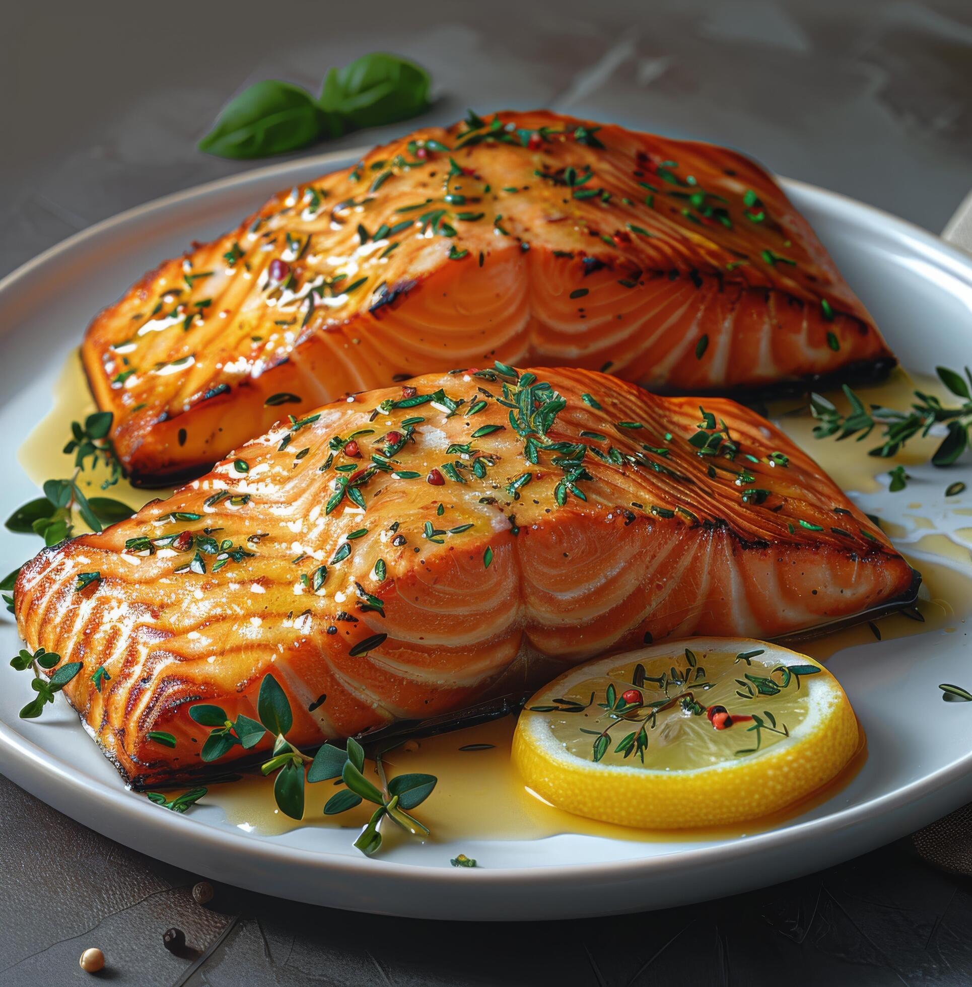Ai-generated-two-pieces-of-salmon-with-lemon-wedges-on-plate-free-photo