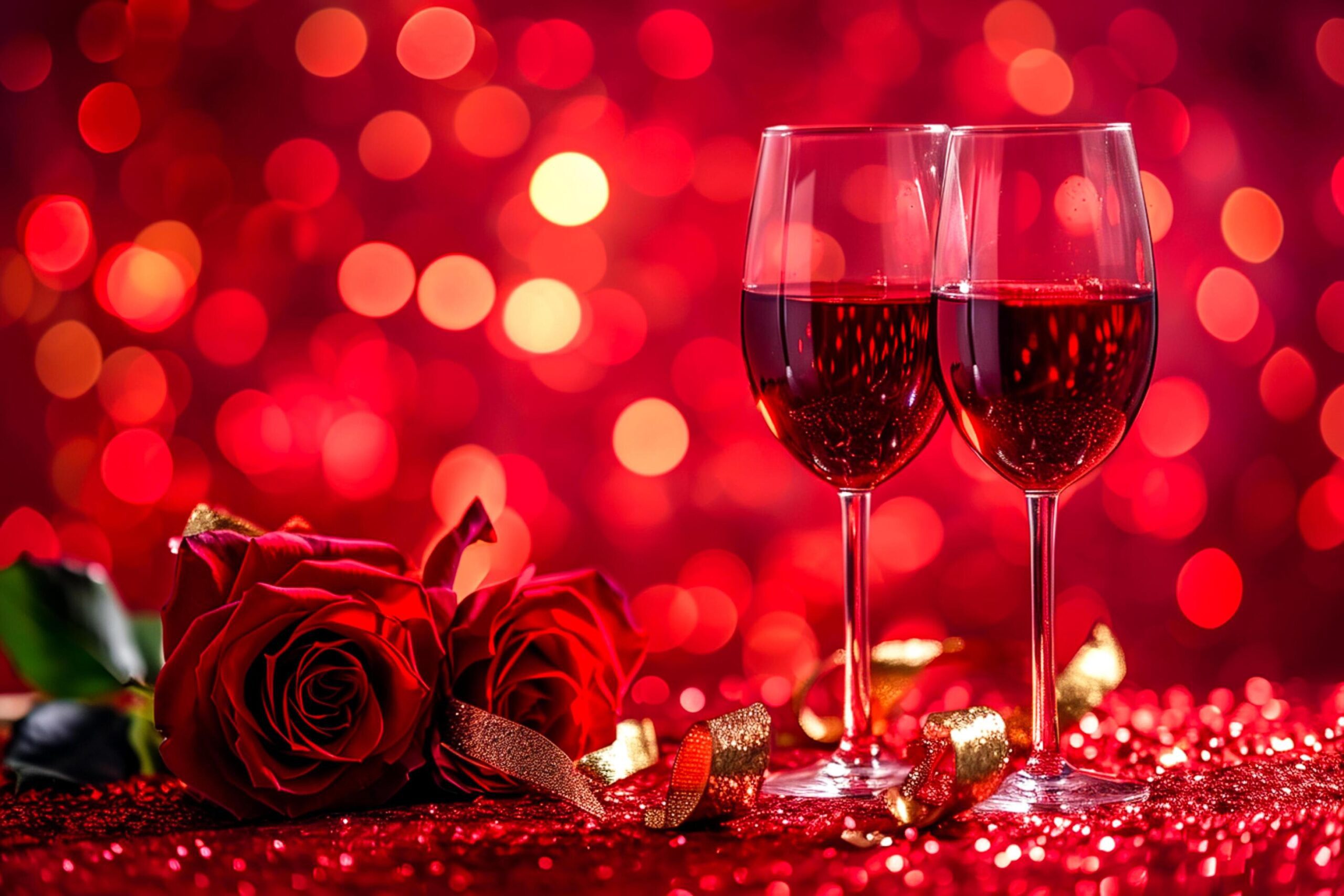 Ai-generated-valentine-s-day-or-romantic-concept-two-glasses-vine-with-rose-red-bokeh-background-ai-generated-free-photo