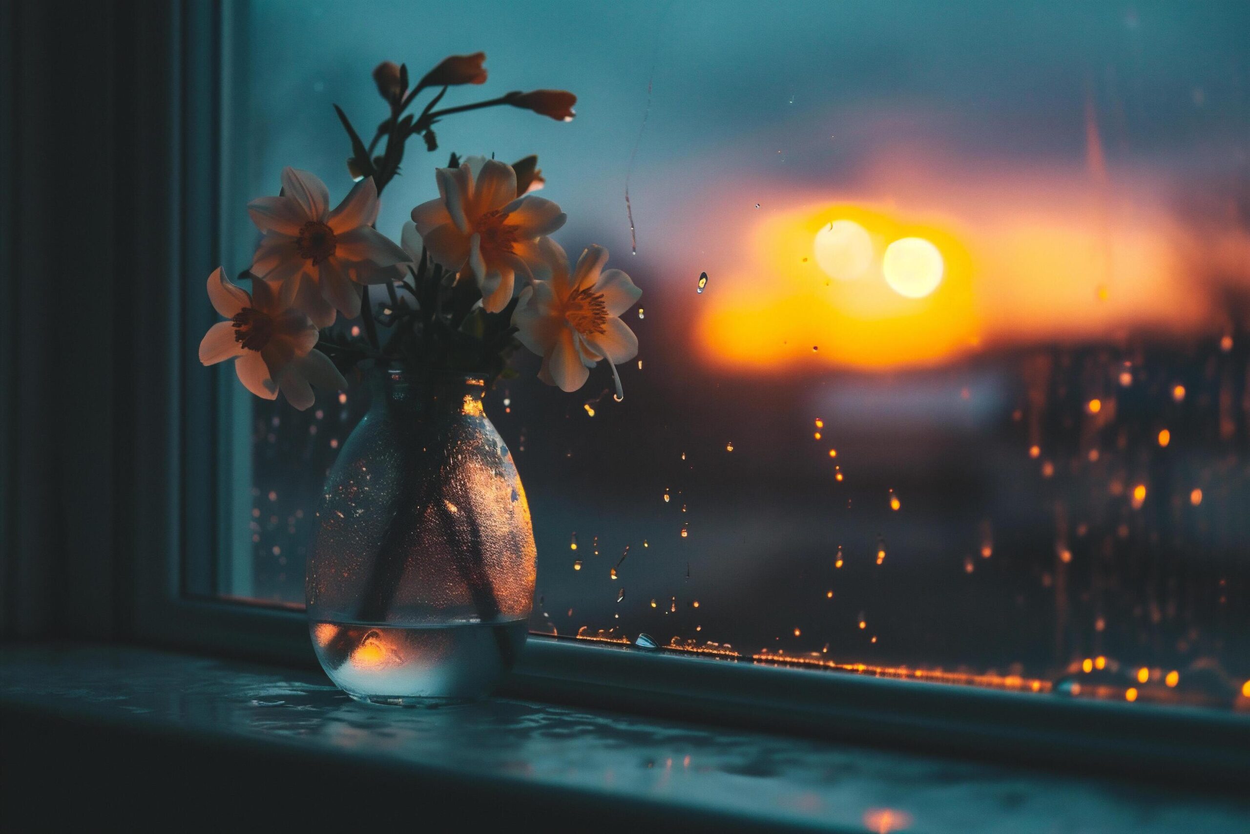 Ai-generated-vase-with-flowers-on-the-windowsill-at-sunset-spring-concept-free-photo