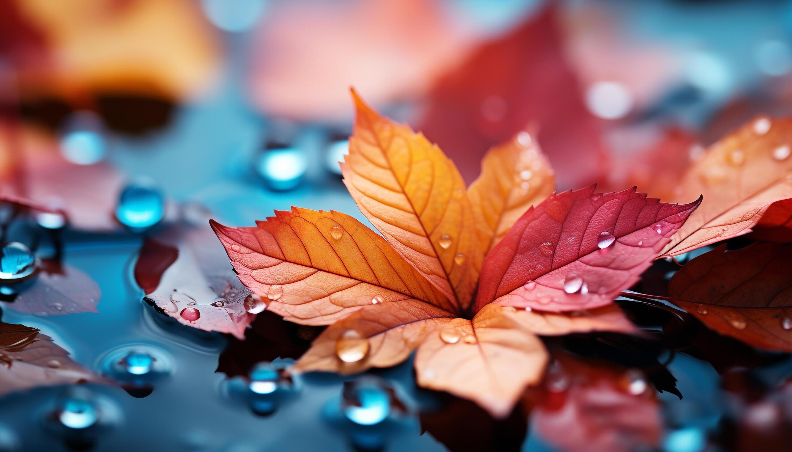Ai-generated-vibrant-autumn-colors-reflect-in-wet-leaves-nature-beauty-generated-by-ai-free-photo