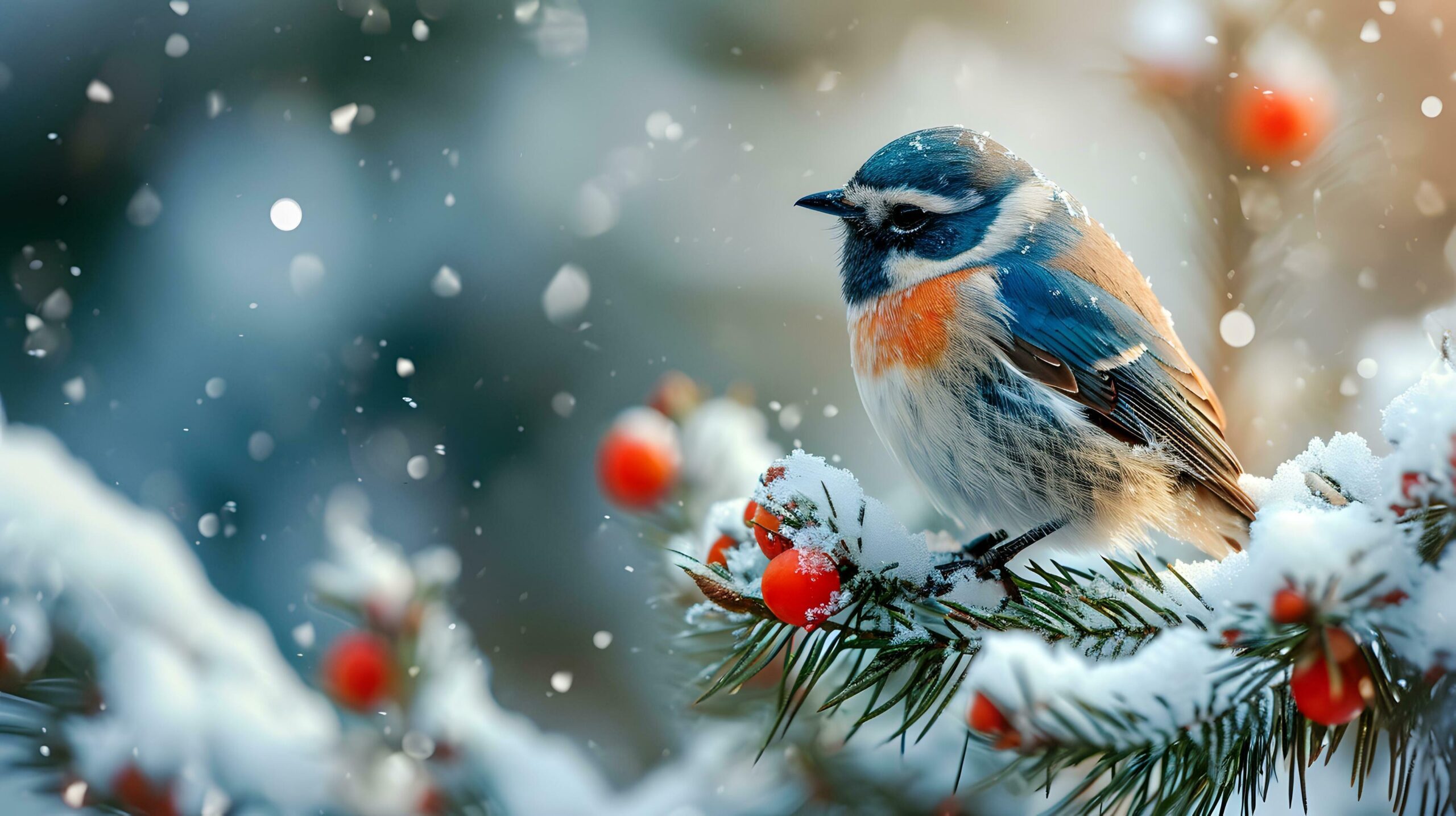 Ai-generated-vibrant-bird-perched-on-snowy-winter-berries-free-photo