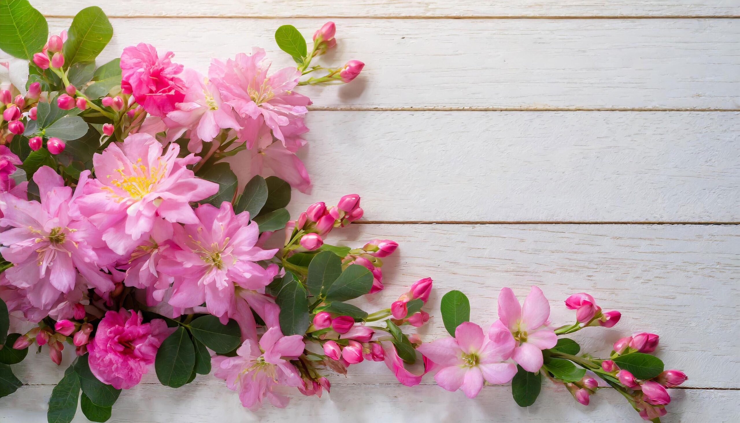 Ai-generated-vibrant-pink-azalea-blooms-resting-on-white-wooden-background-in-spring-free-photo