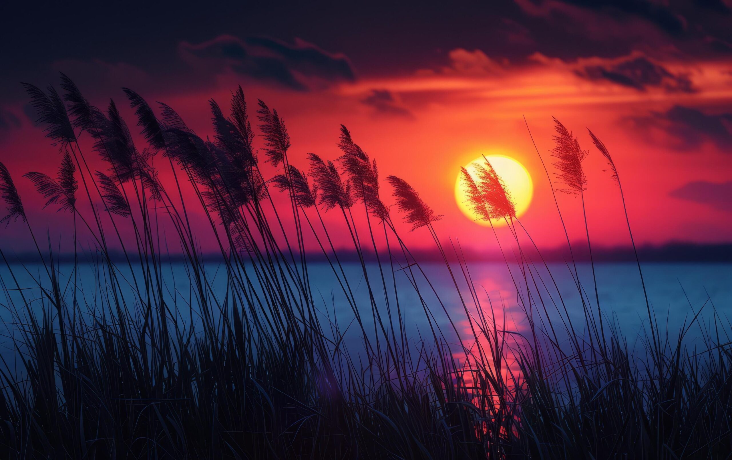 Ai-generated-vibrant-sunset-hues-paint-the-sky-and-reflect-on-tranquil-waters-with-reeds-in-silhouette-free-photo